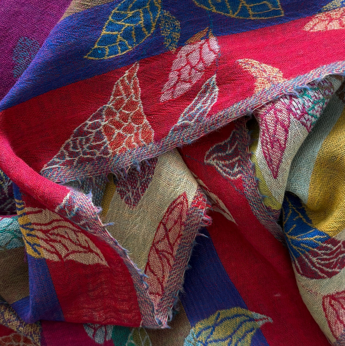Woven Wool Scarf Bold Leaf Multi India