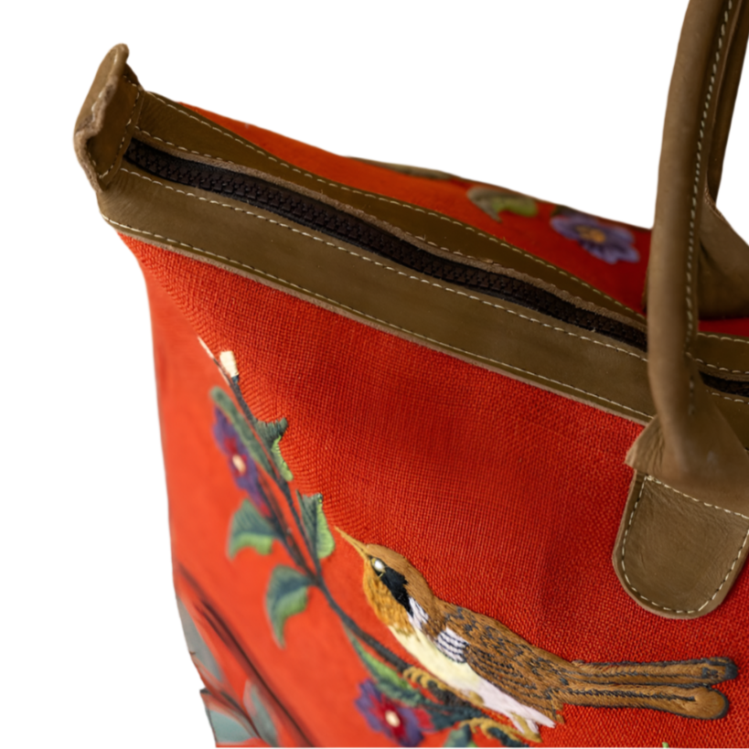 Handwoven Embroidered Rust with Leather Santiago Satchel Guatemala