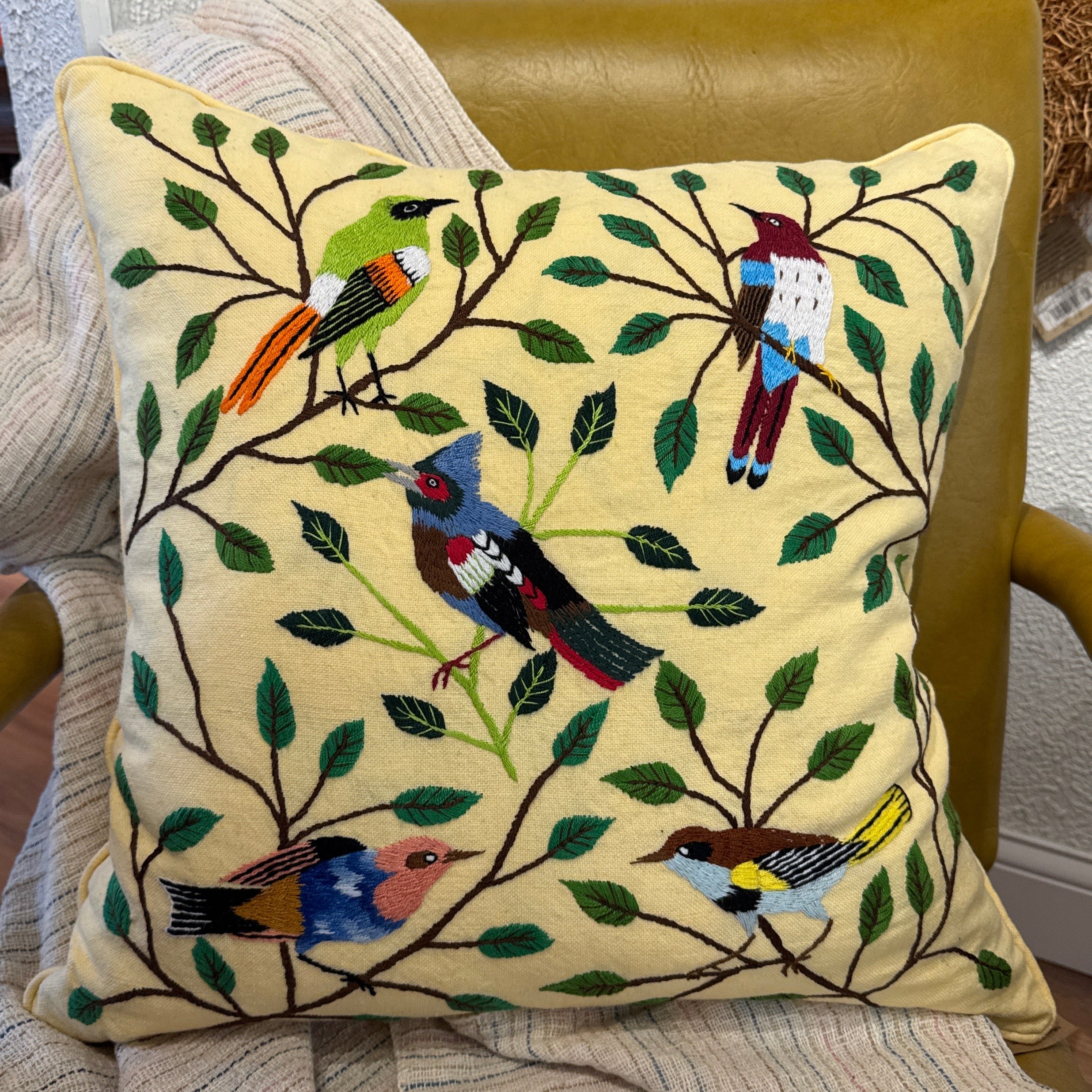 Handwoven and Hand Embroidered Butter Bird Pillow Guatemala