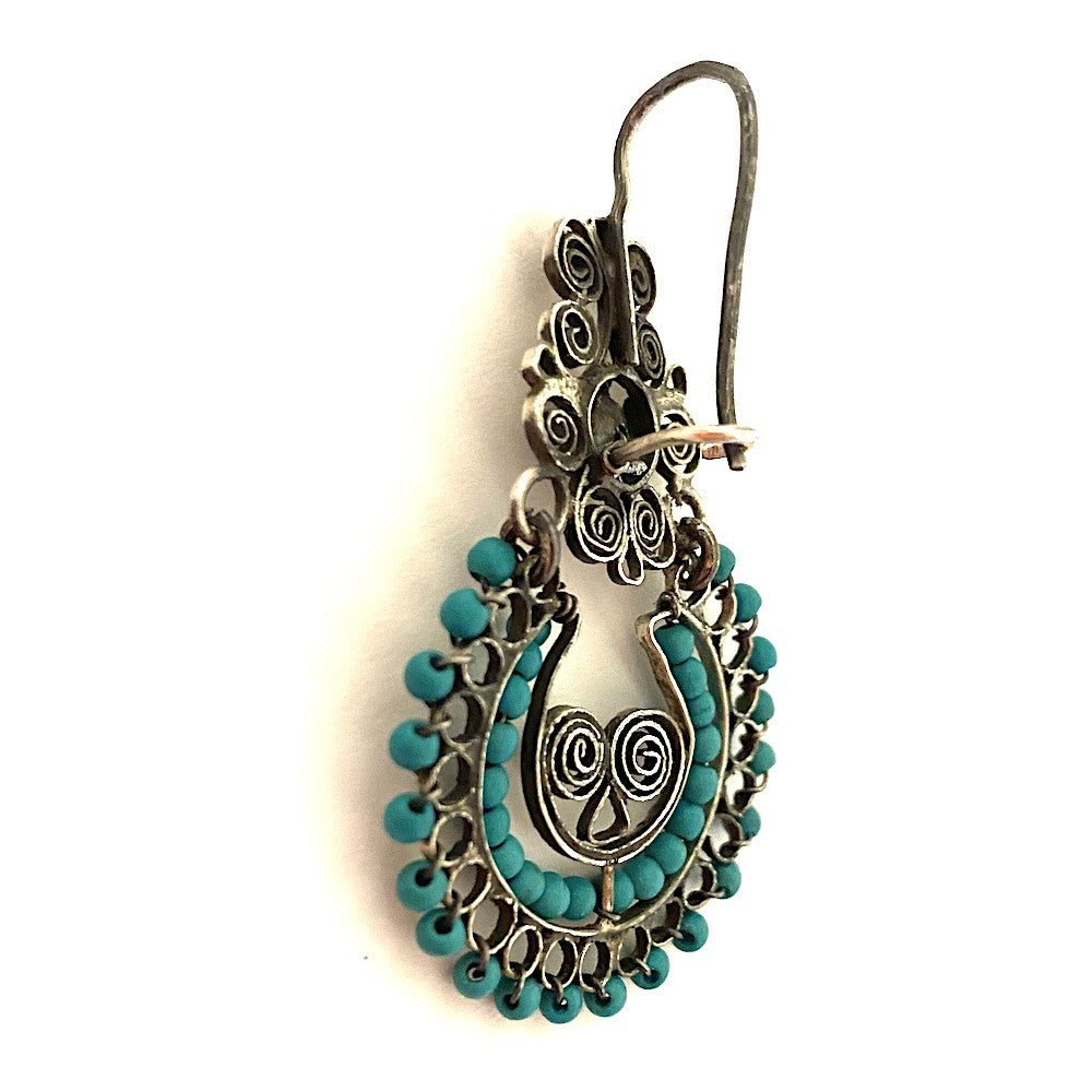 Handmade Filagree Silver Earrings with Turquoise colored Beads Mexico