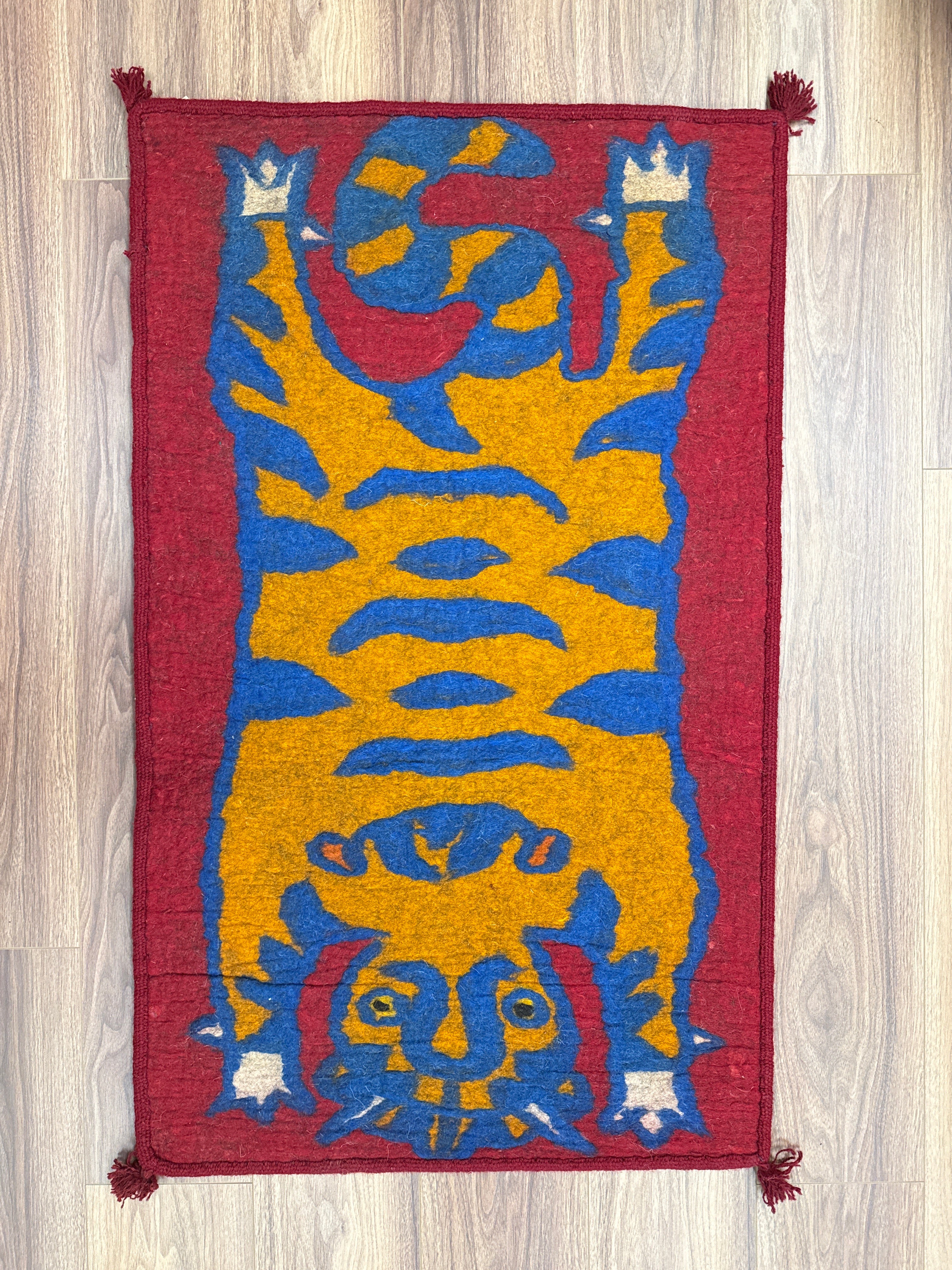 Handmade Wool Felt Orange Tiger Rug Afghanistan (30x48)