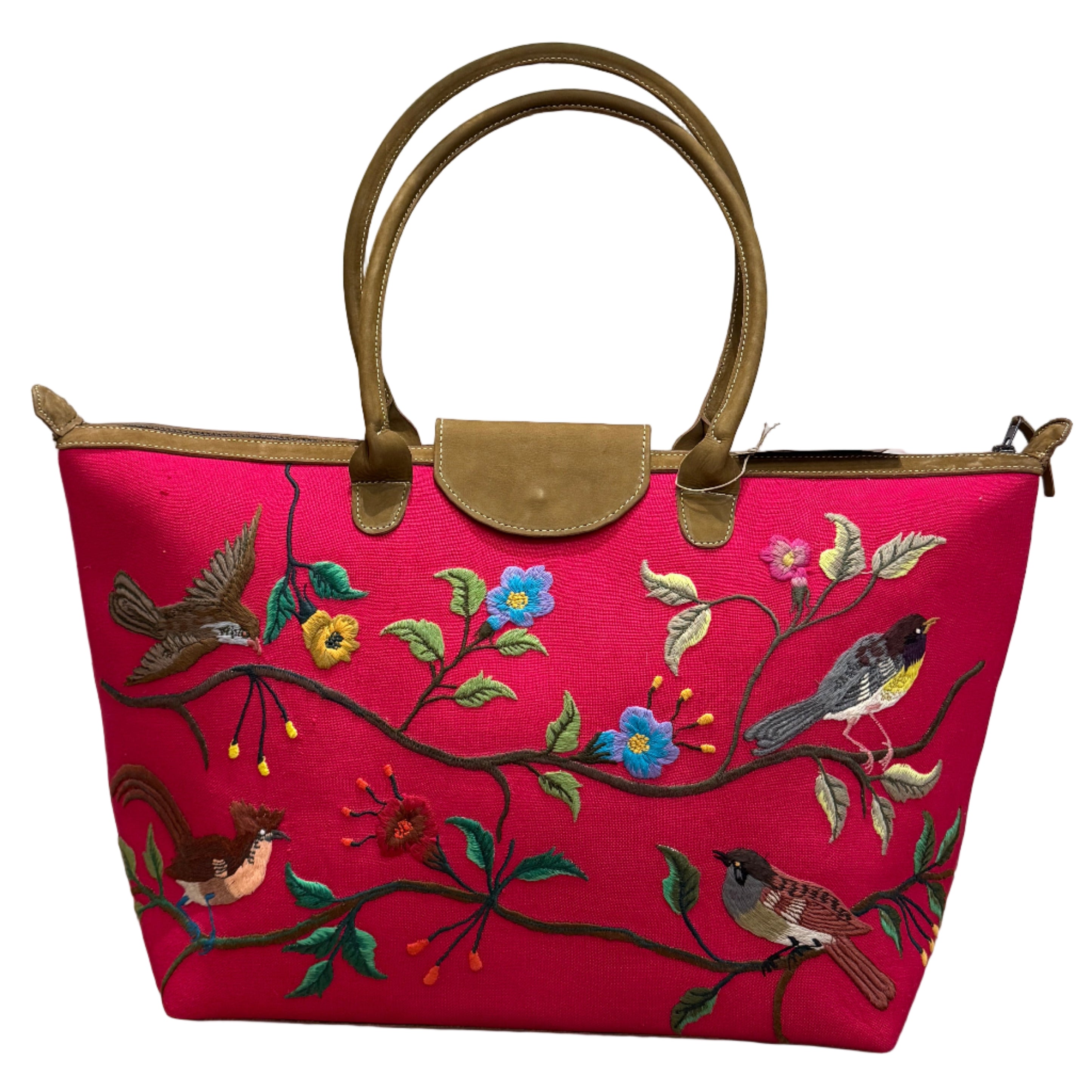 Handwoven Embroidered Raspberry with Leather Santiago Satchel Guatemala