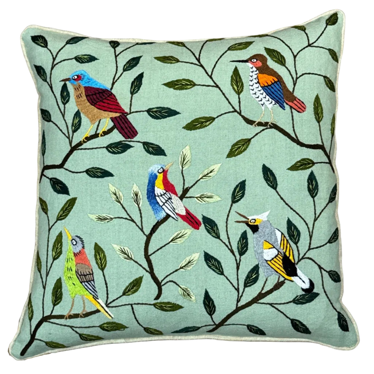 Embroidered Sage Bird Pillow Guatemala (18 x 18)