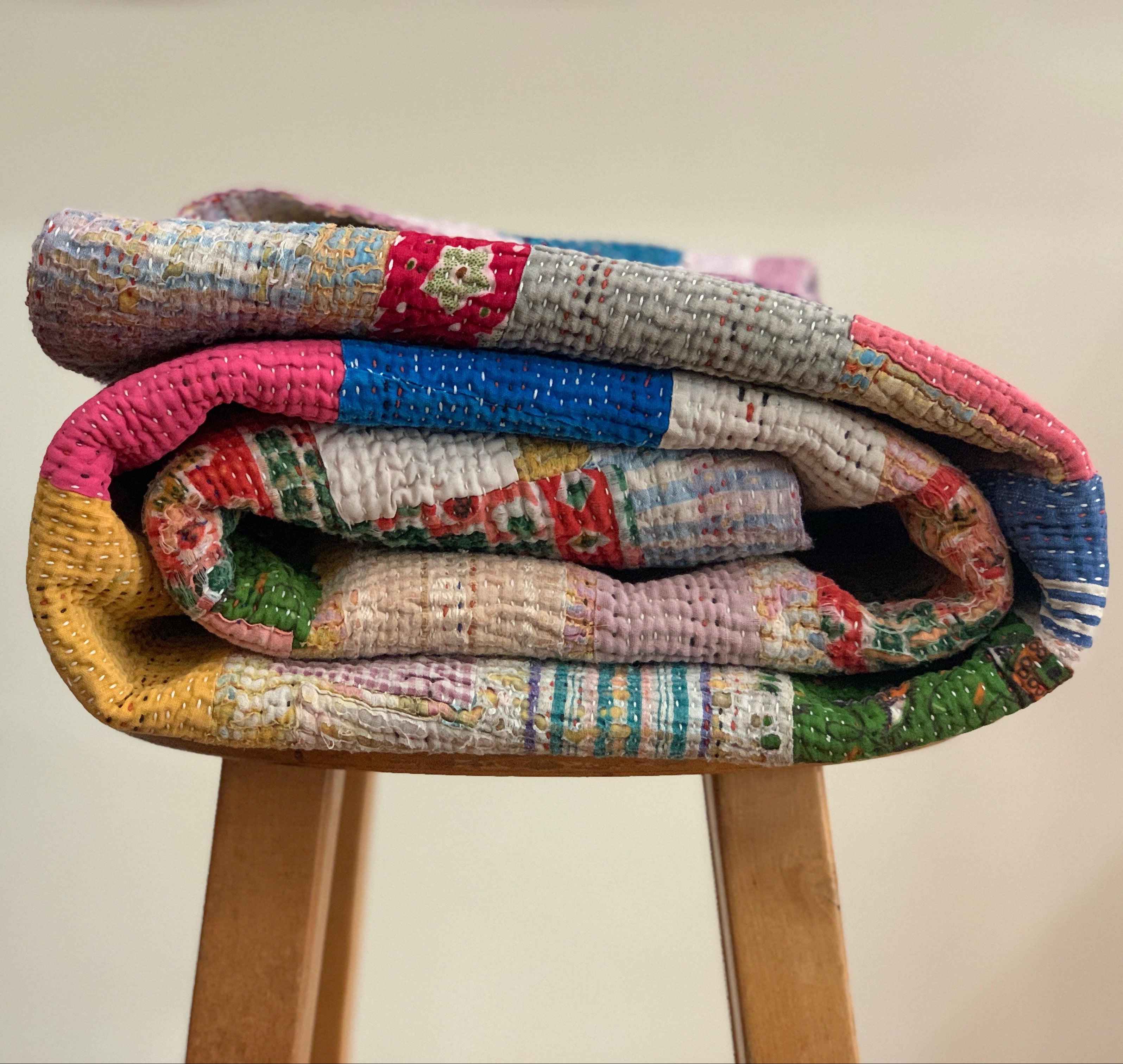 Handmade Kantha Squares Patchwork Quilt India