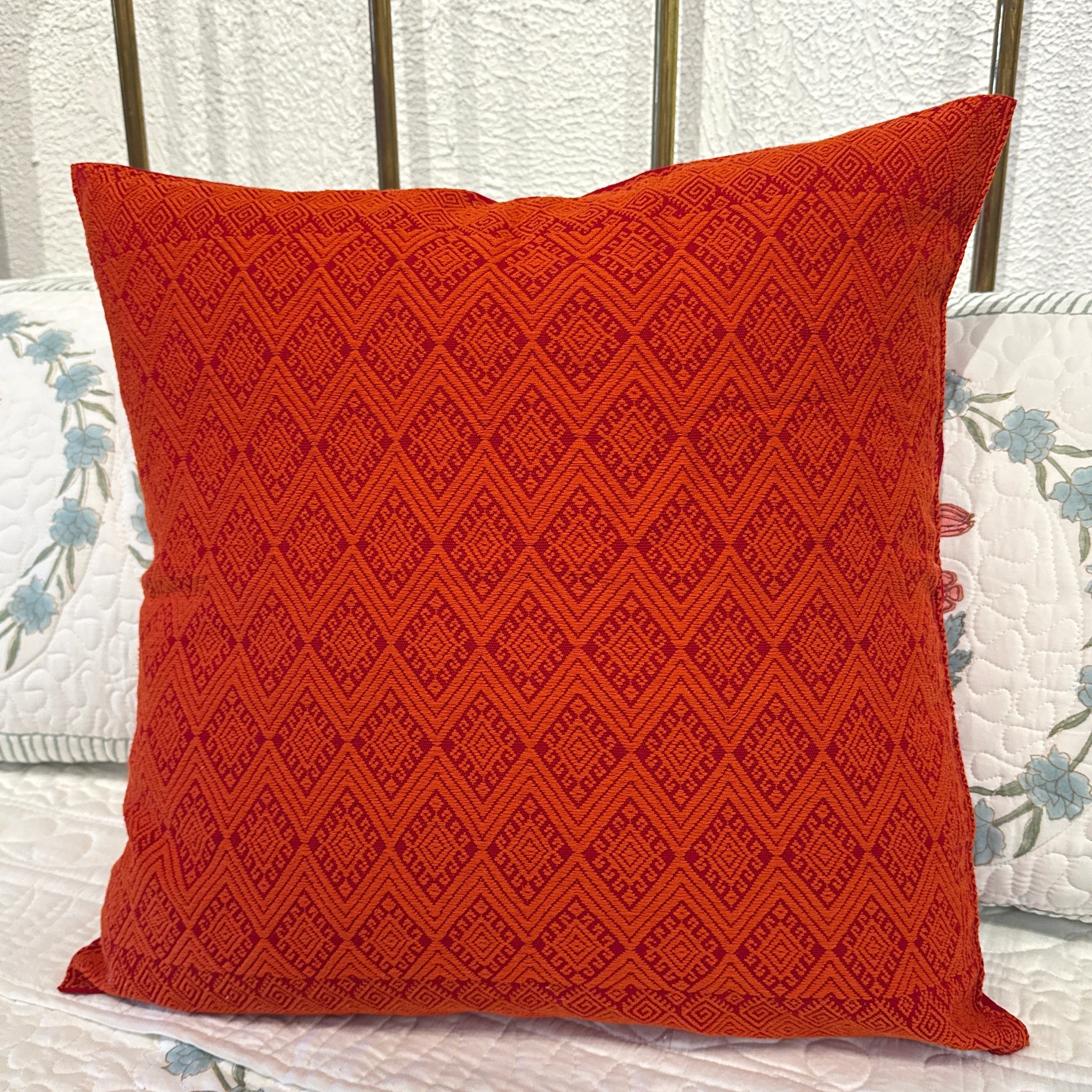 Handwoven Red Brocade Cotton Pillow Mexico (19x19)