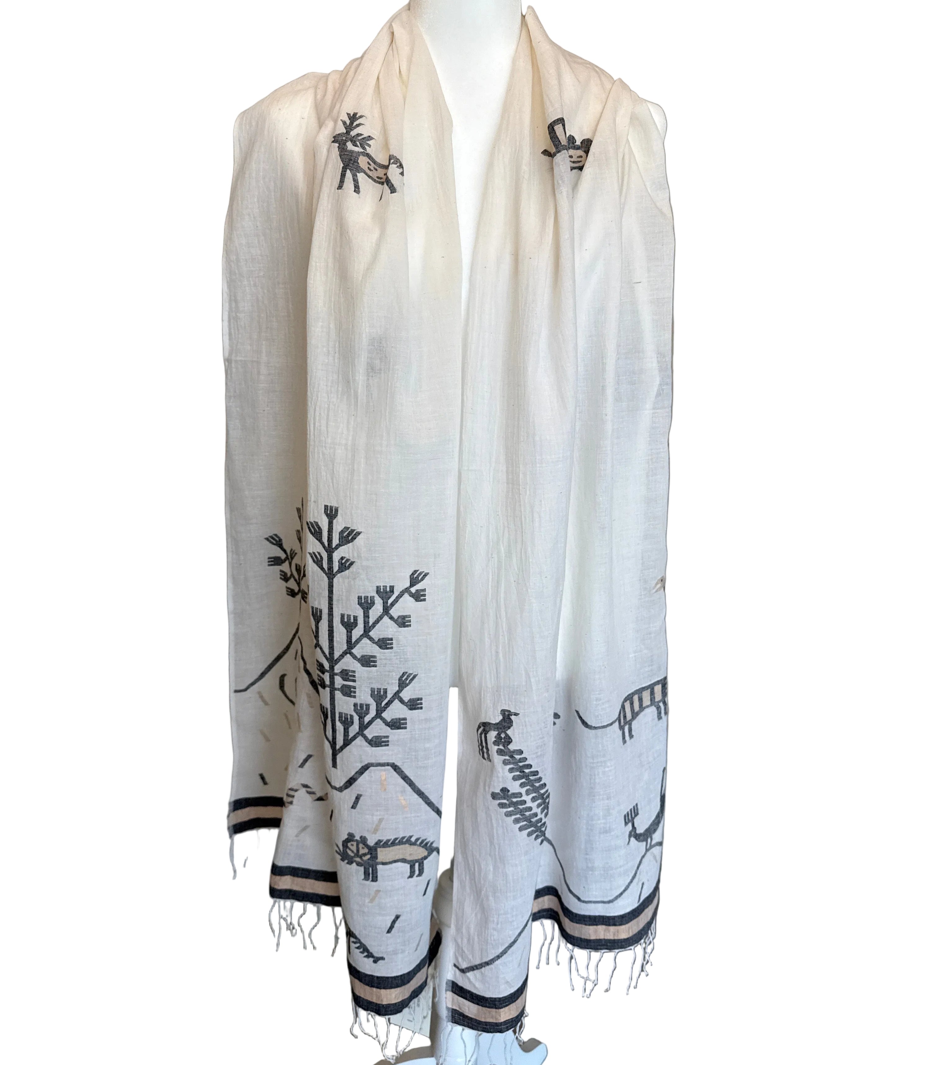 Handwoven Jamdani Khadi Cotton Wildlife Scarf India