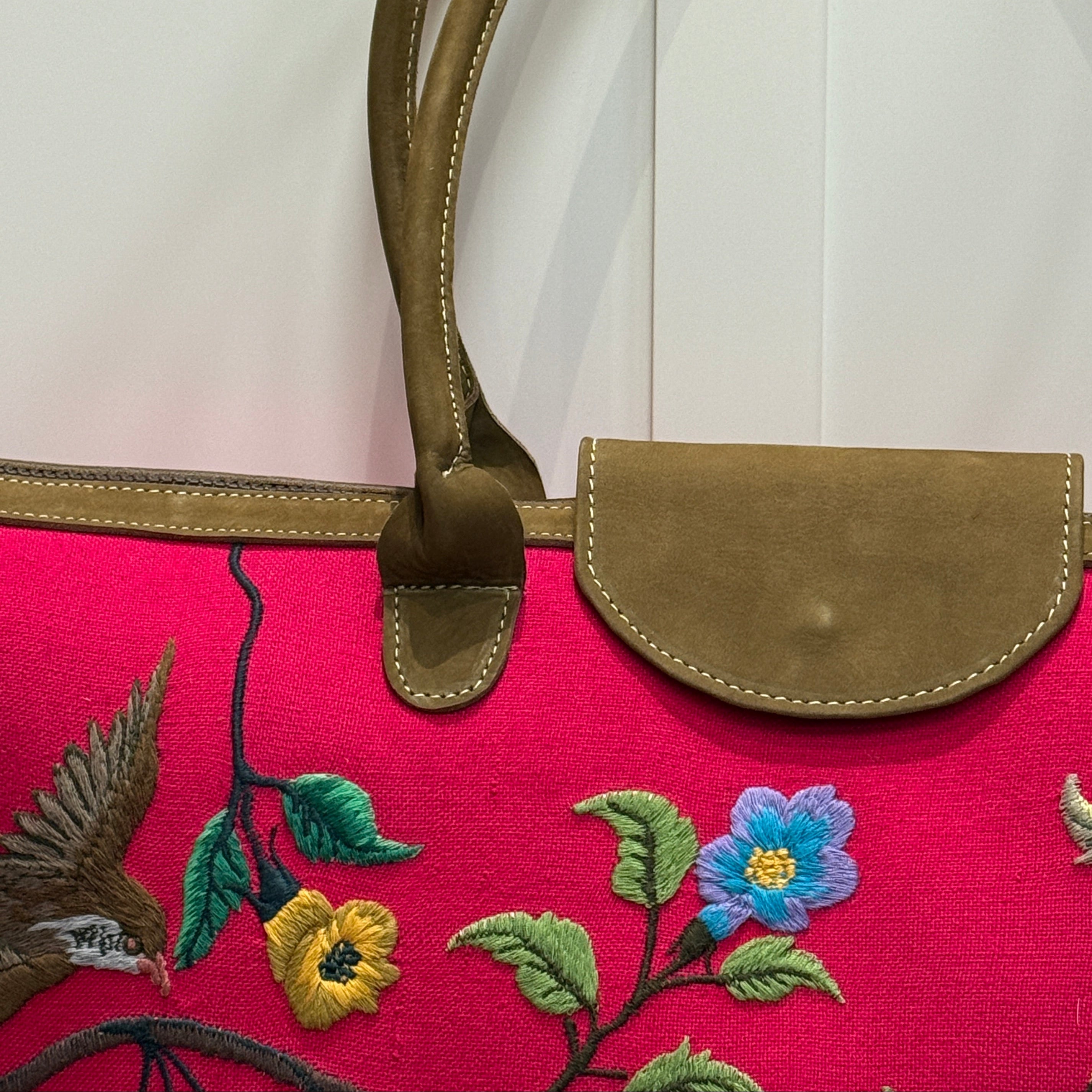 Handwoven Embroidered Raspberry with Leather Santiago Satchel Guatemala