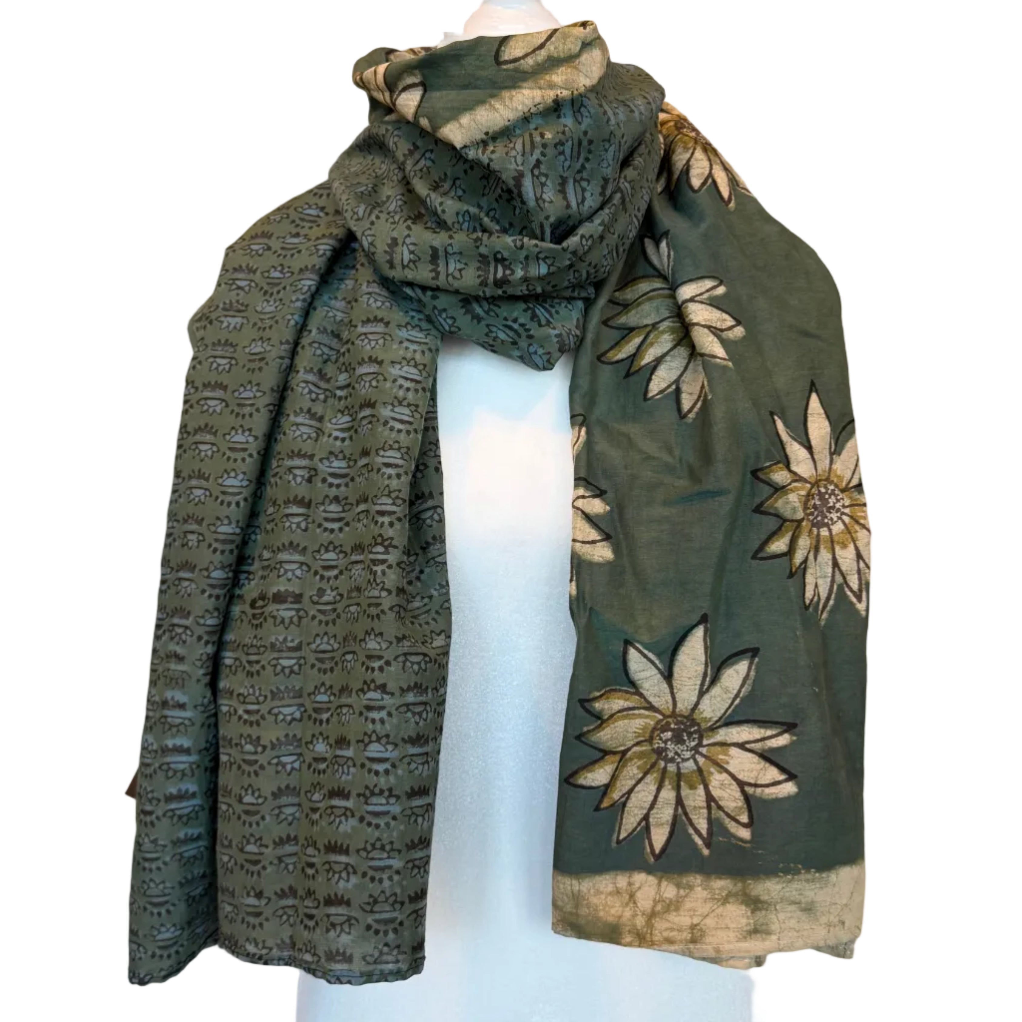 Hand Block Printed Green Silk & Cotton Scarf India