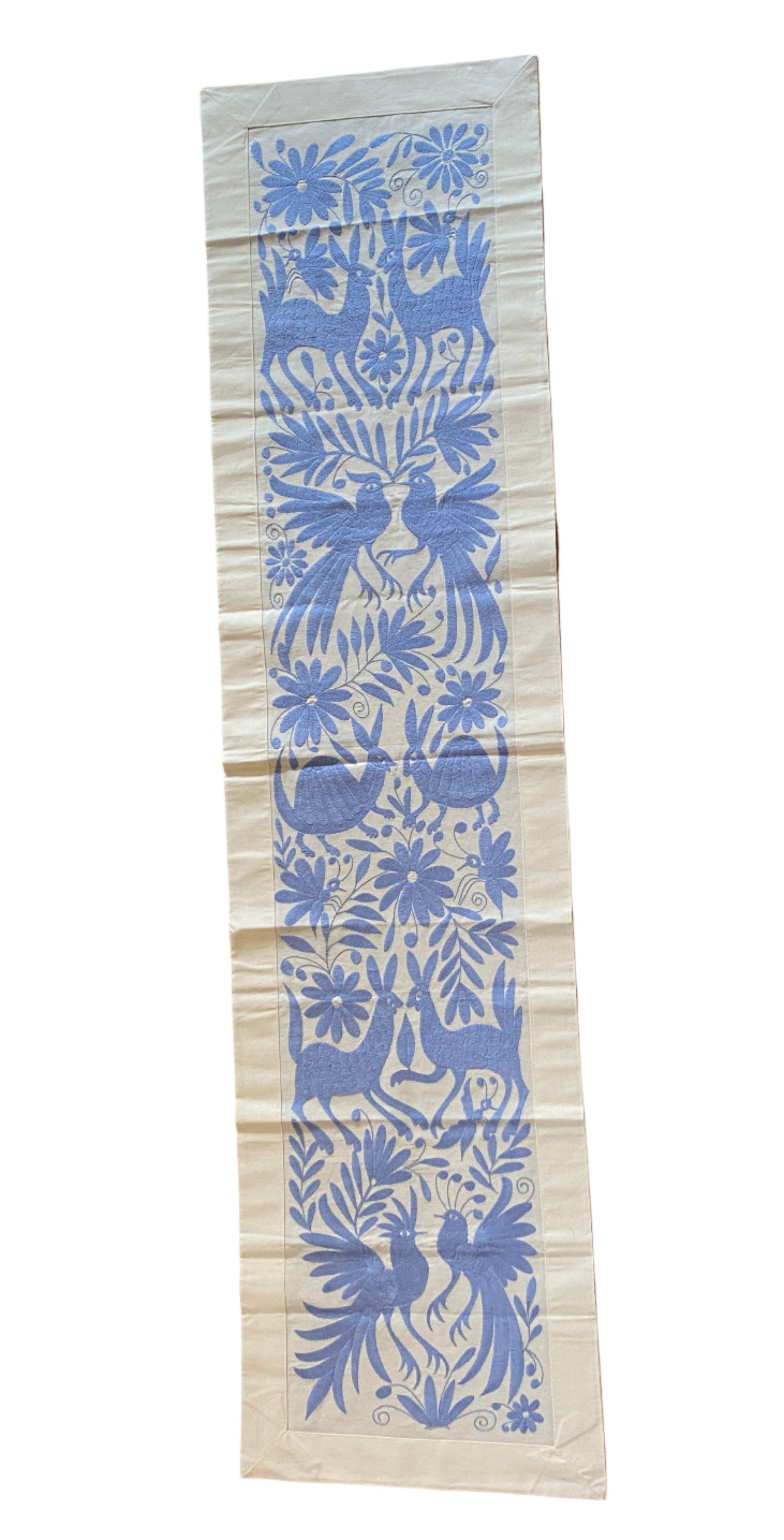 Otomi Hand Embroidered Light Periwinkle Table Runner Mexico