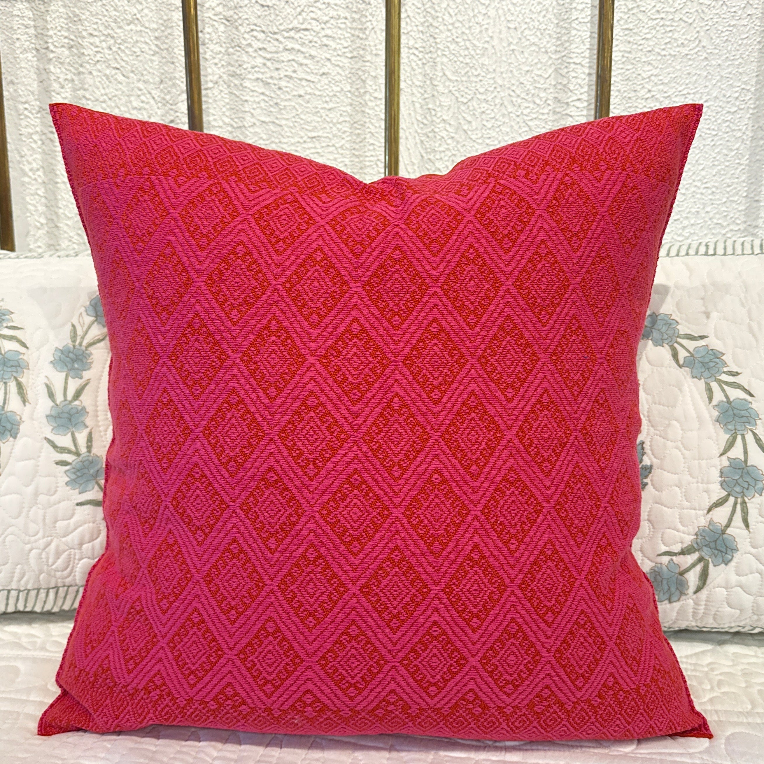 Handwoven Pink Brocade Cotton Pillow Mexico (15x15)