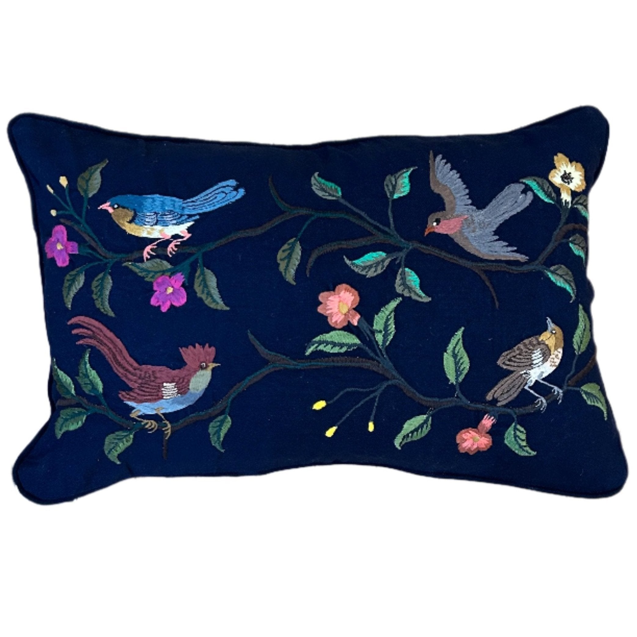 Embroidered Bird Lumbar Pillow Navy Guatemala (12x20)