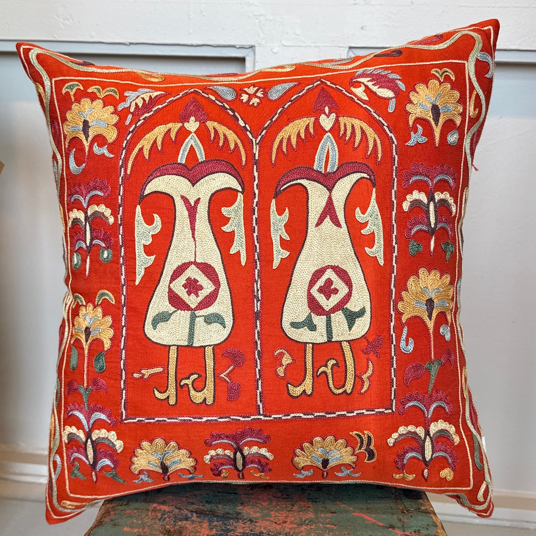 Hand Embroidered Suzani Twin Sisters Pillow Uzbekistan (19x19)