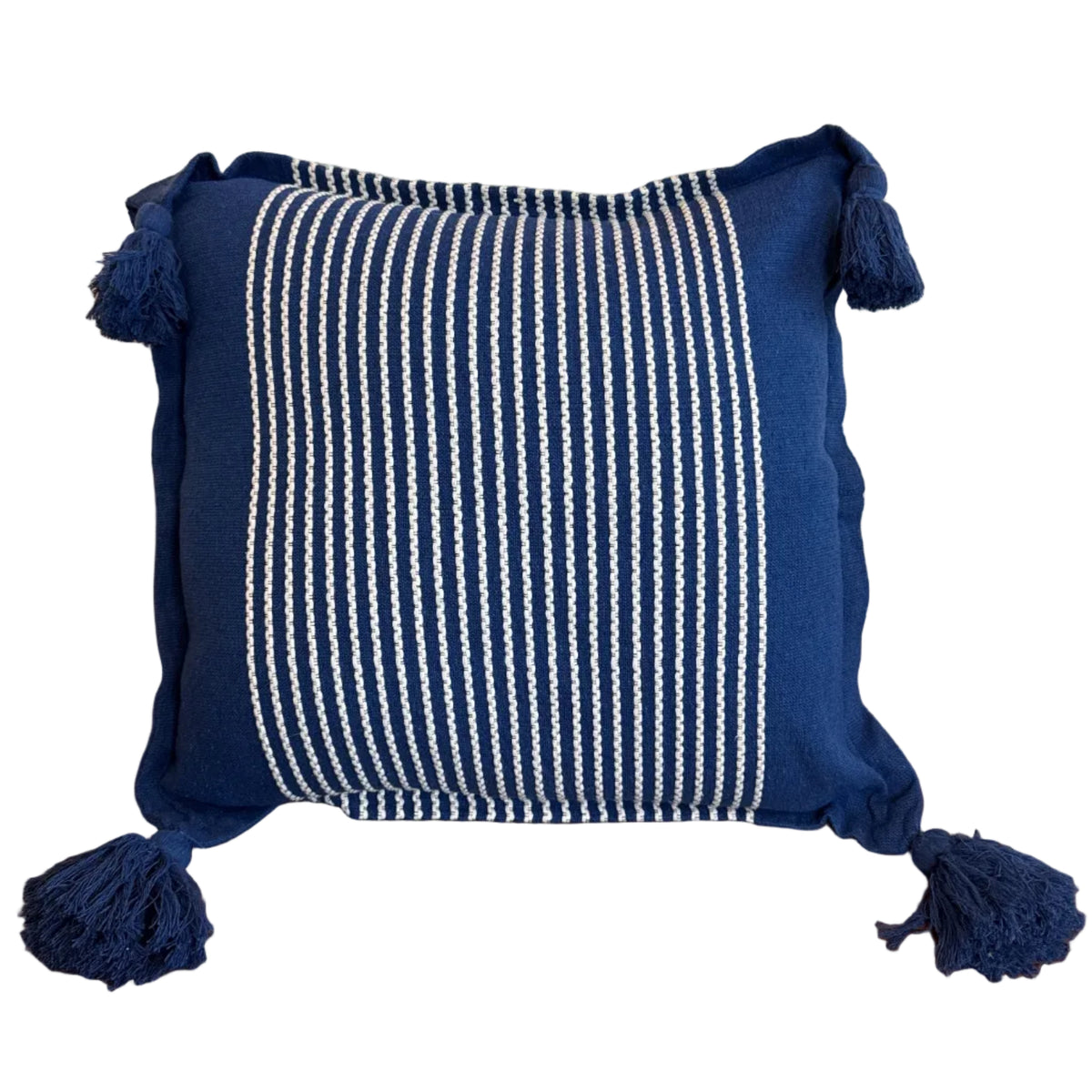 Handwoven Cotton Navy Pillow with Pompoms Mexico
