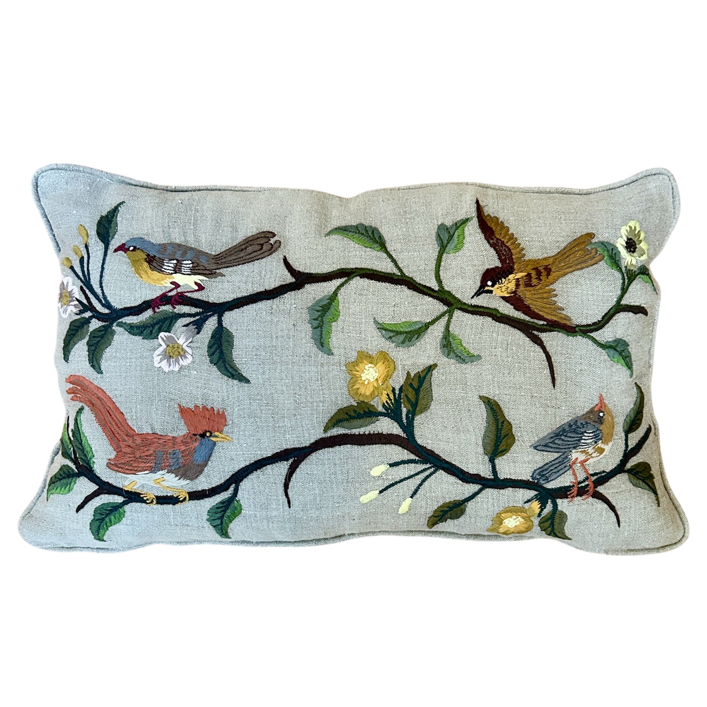 Embroidered Bird Lumbar Pillow Linen Guatemala (12x20)