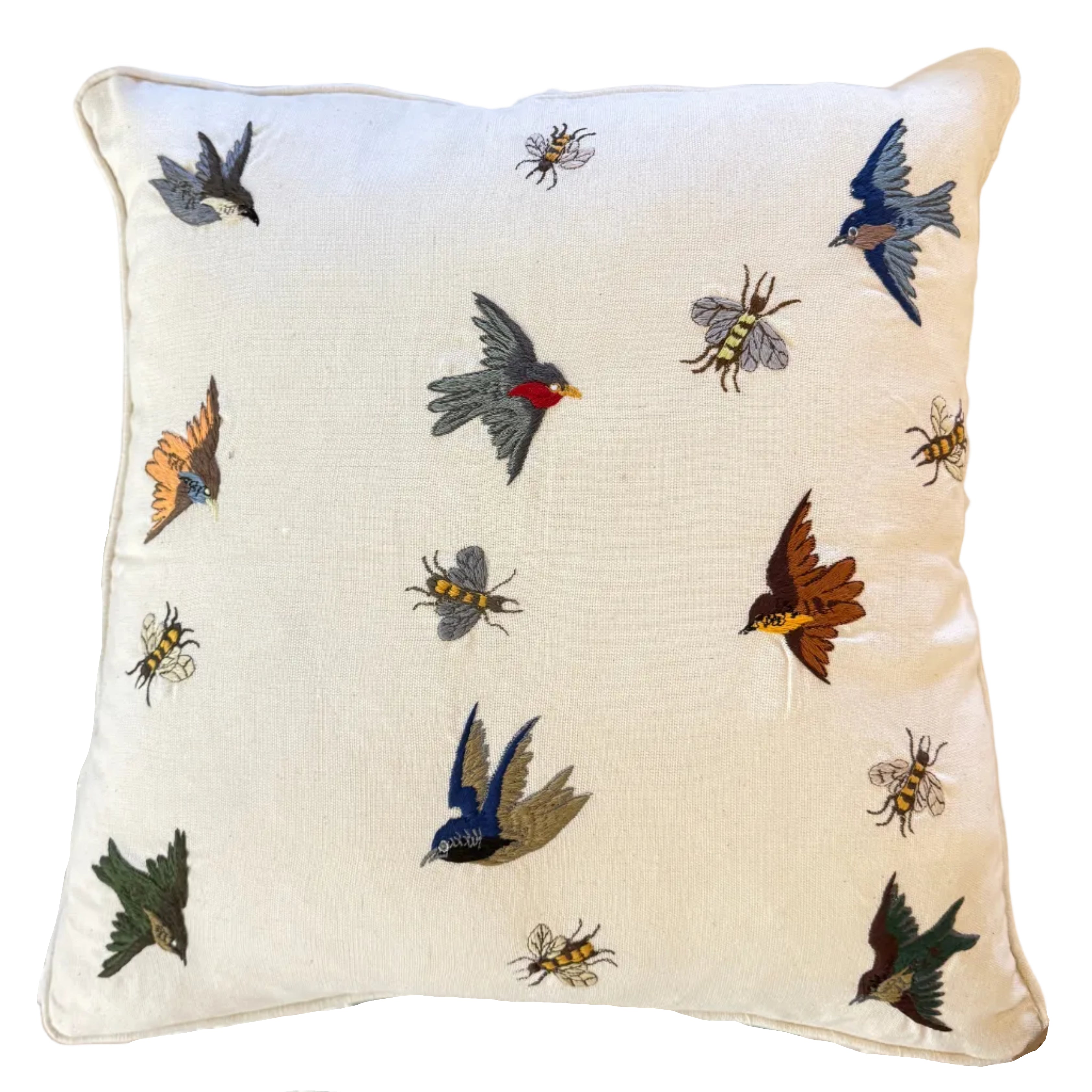 Embroidered Natural Bird & Bee Pillow Guatemala