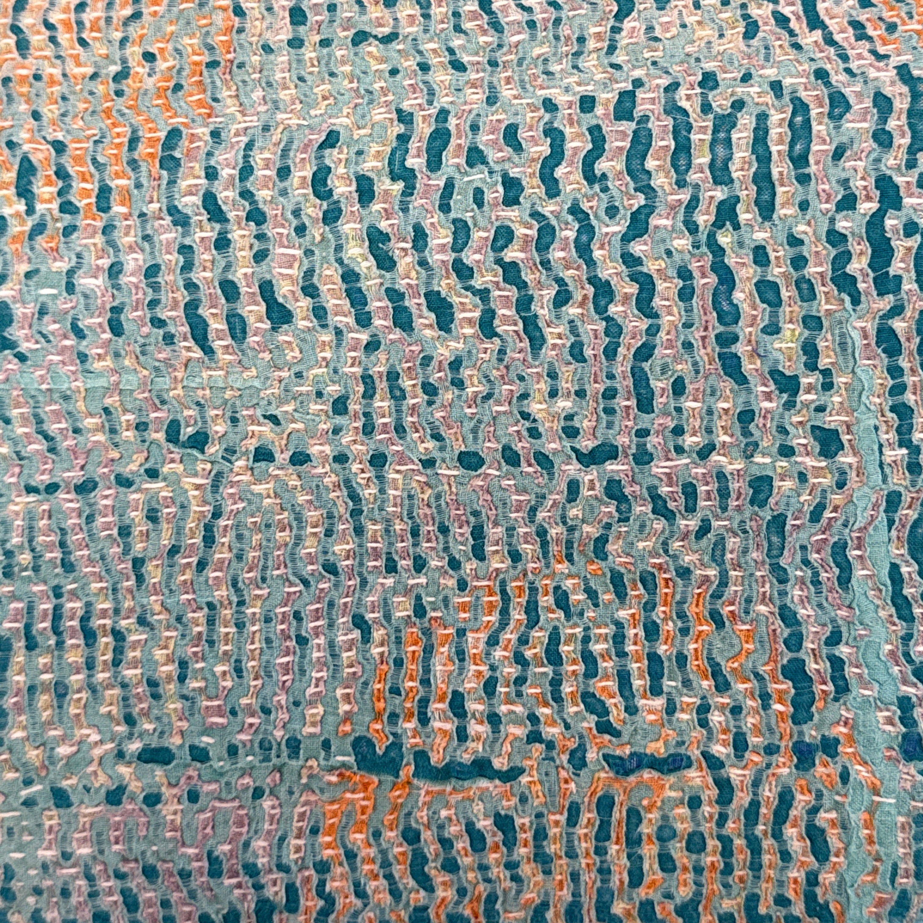 Hand Stitched Kantha Aqua Square Lumbar Pillow India (12 x 20)