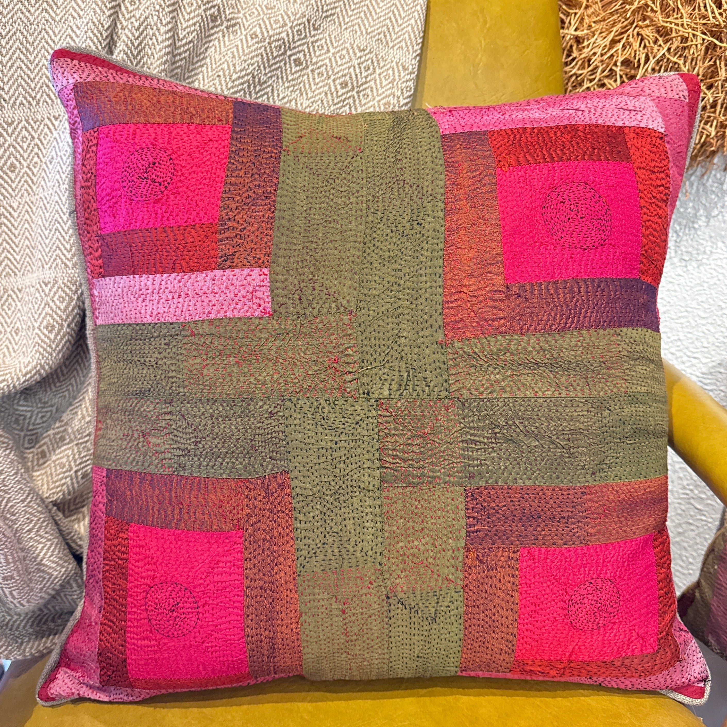 Hand Stitched Vintage Silk Pillow India (20 x 20)