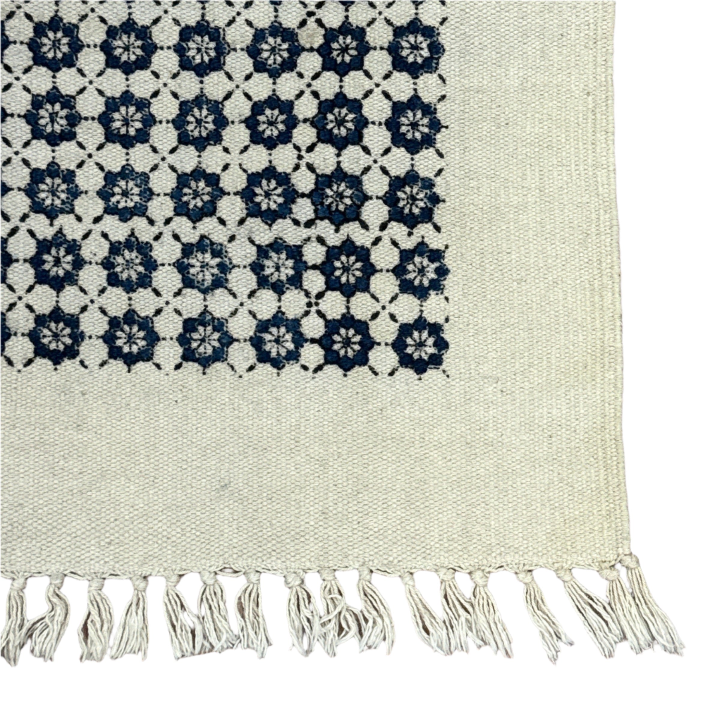 Handmade Block Printed Blue Tile Canvas Rug India 2.5x6