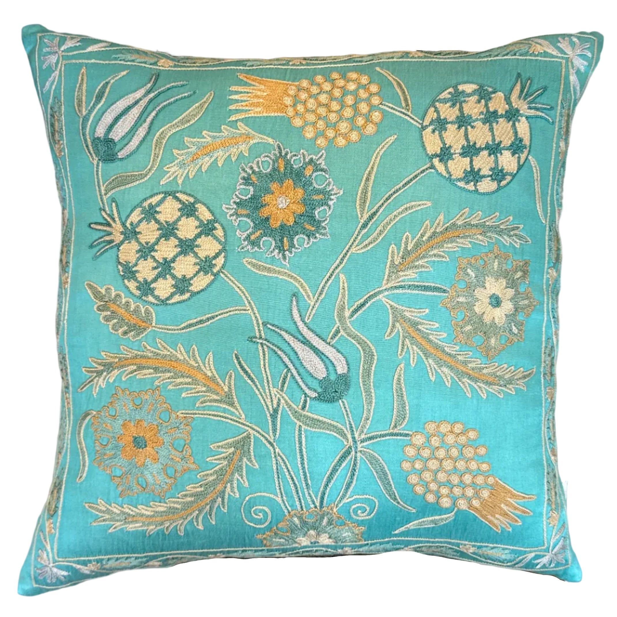 Hand Embroidered Suzani Aqua Pillow Uzbekistan (19x19)