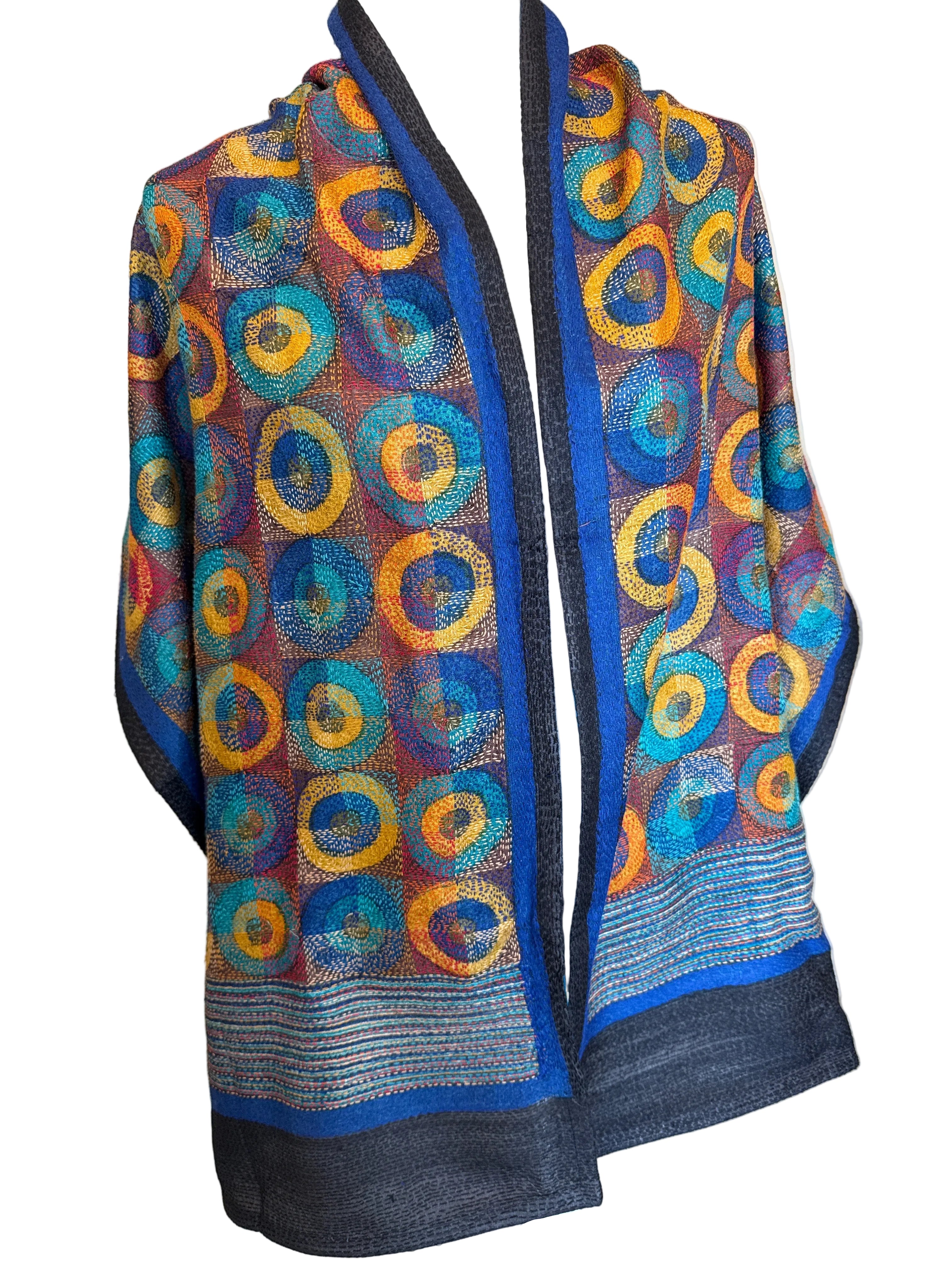Silk Kantha Stitched Prantik Blue Scarf India