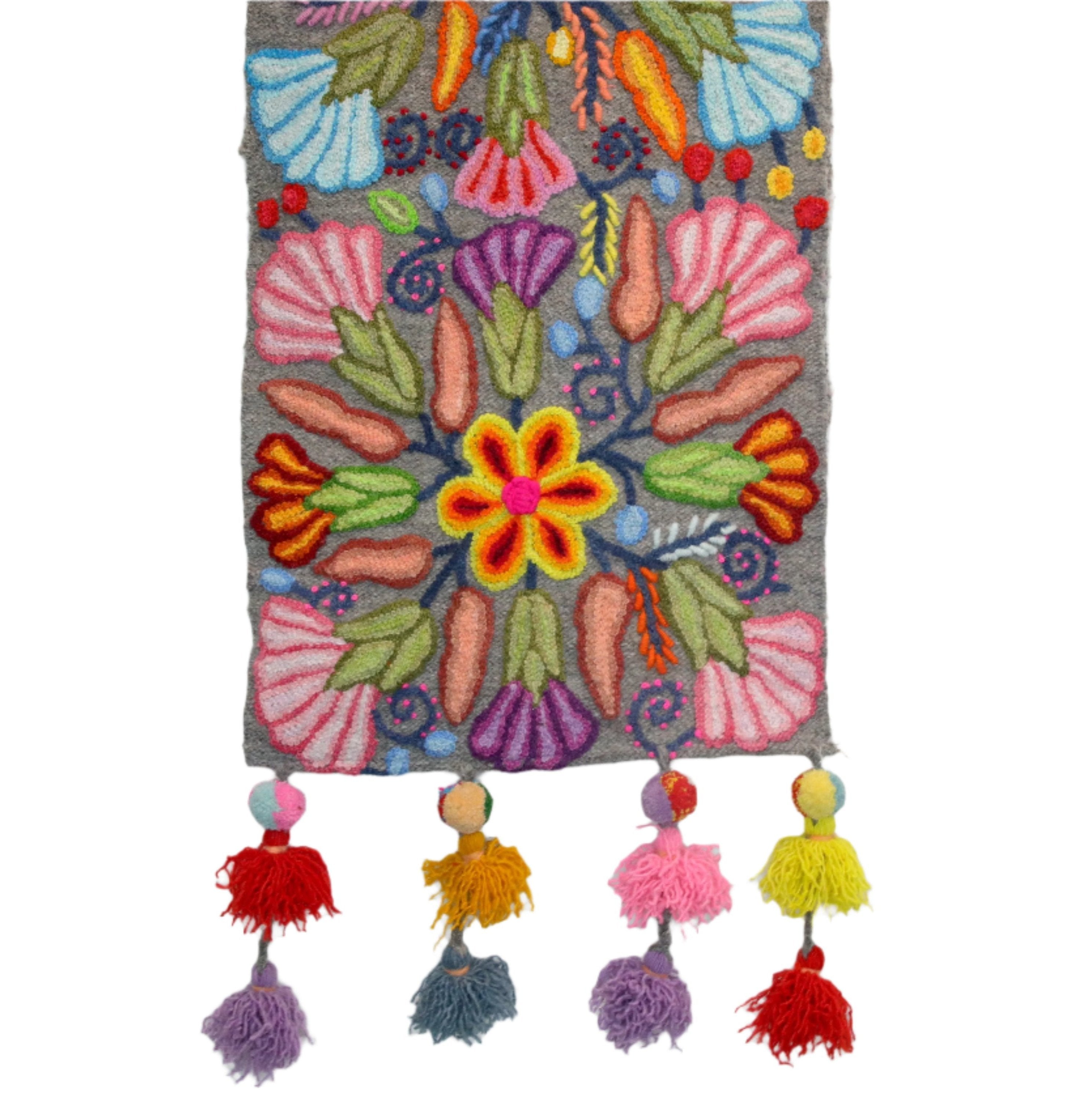 Handwoven Hand Embroidered Wool Table Runner Peru - Grey with Flowers