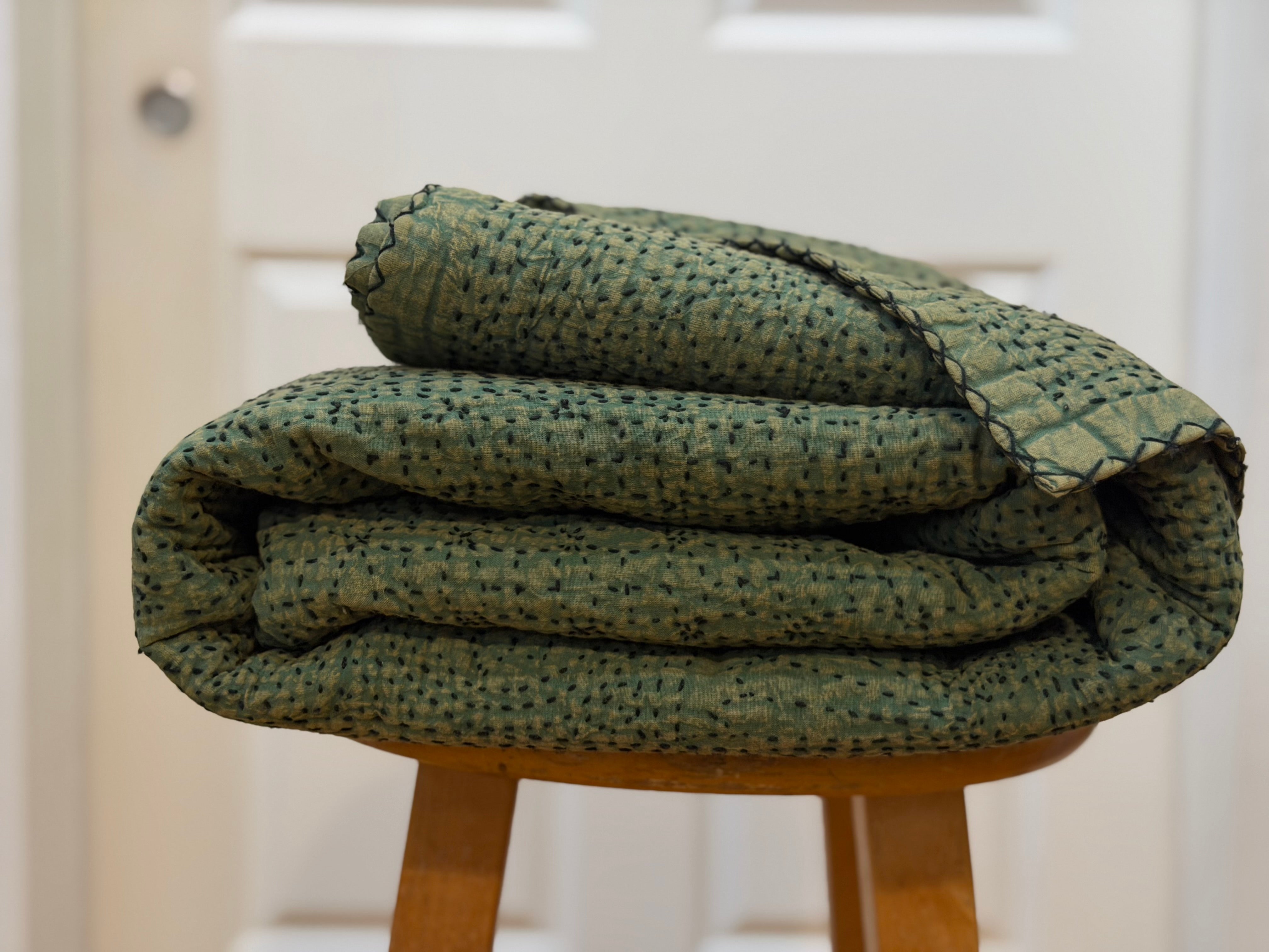 Hand Stitched Dusty Green Cotton Queen Quilt India