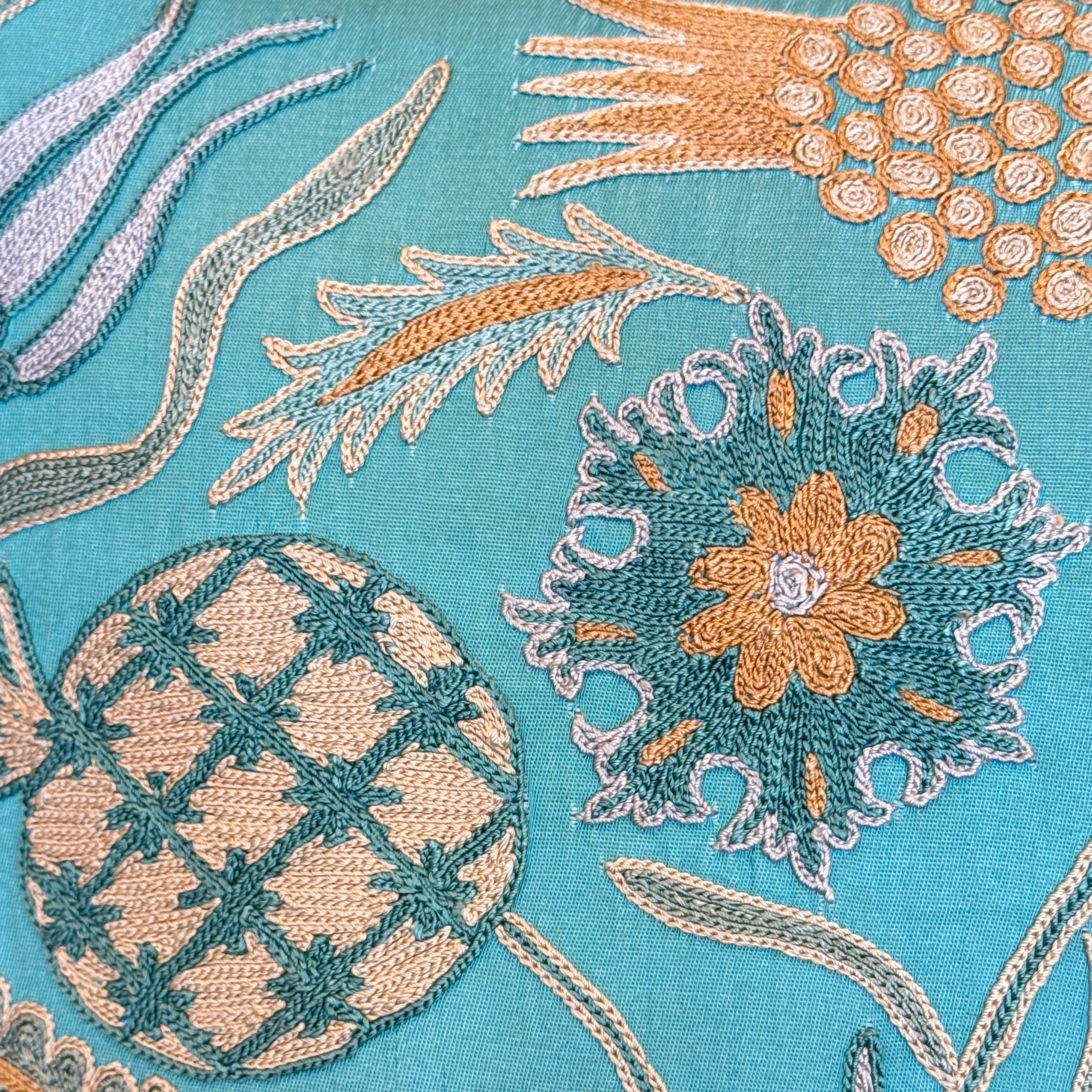 Hand Embroidered Suzani Aqua Pillow Uzbekistan (19x19)