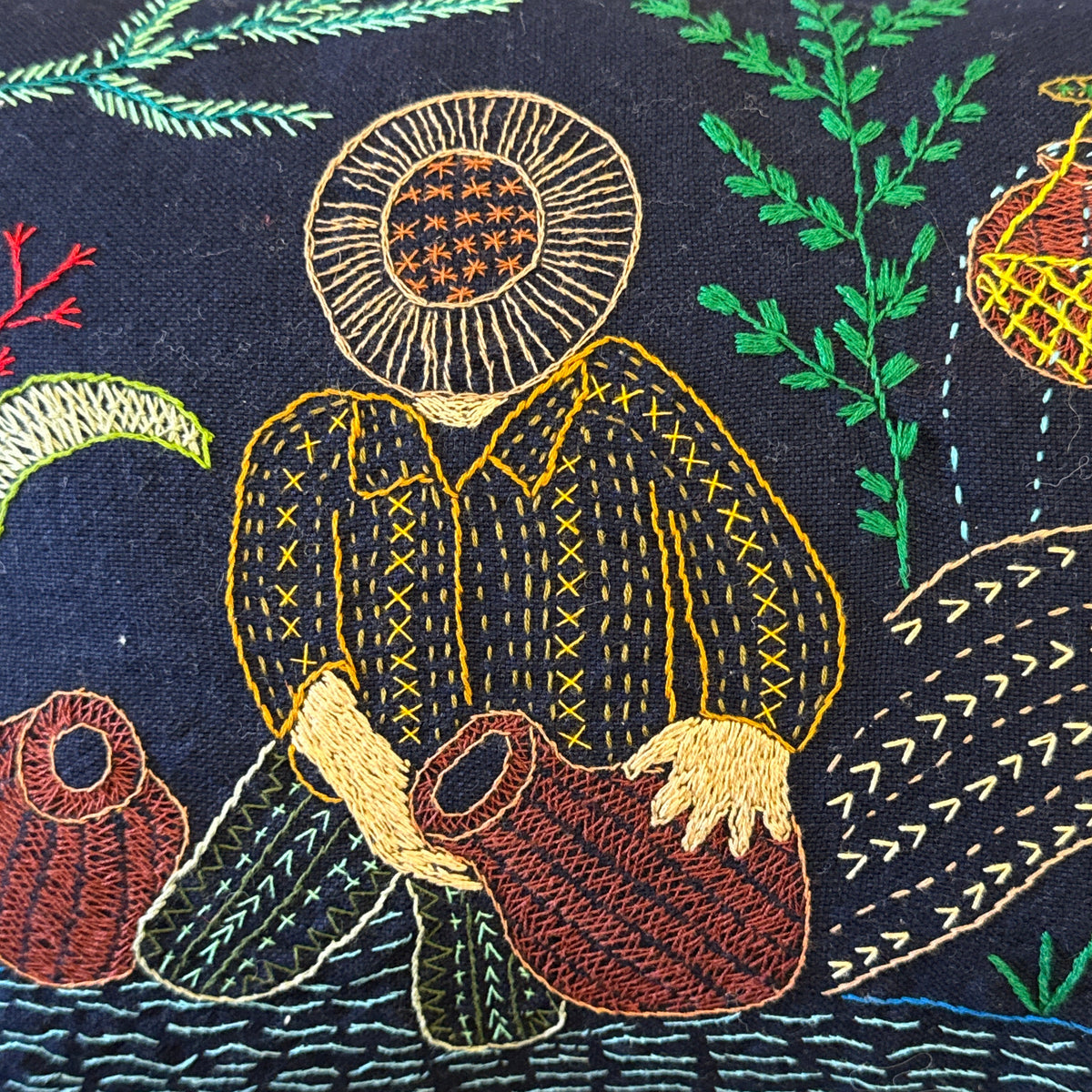 Handwoven and Embroidered River Story Cloth Lumbar Guatemala (12x20)