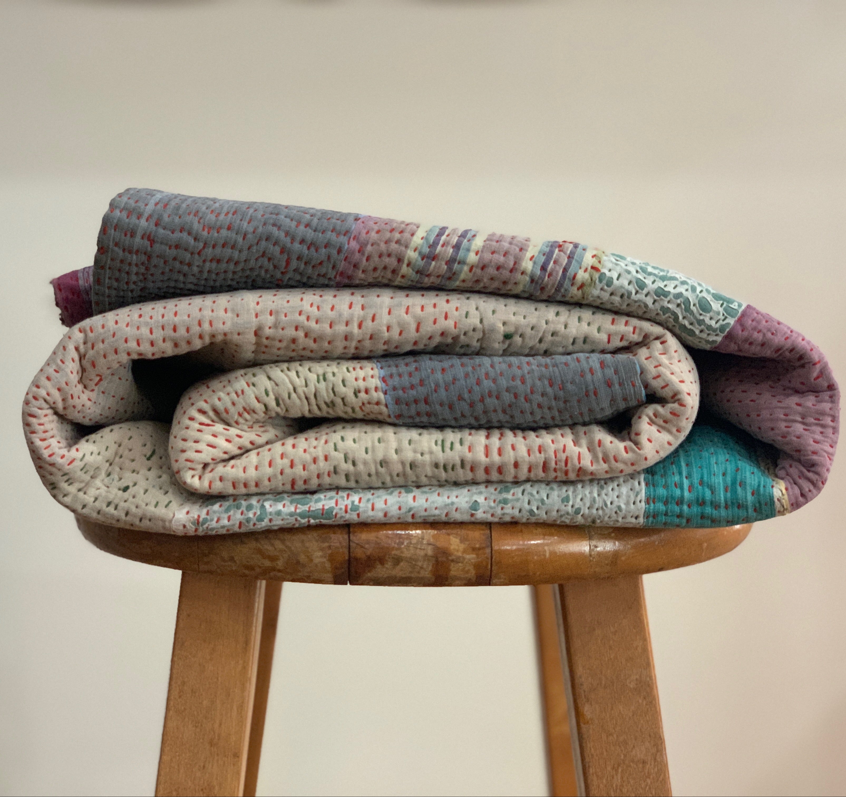 Handmade Kantha Red Lines Patchwork Quilt India