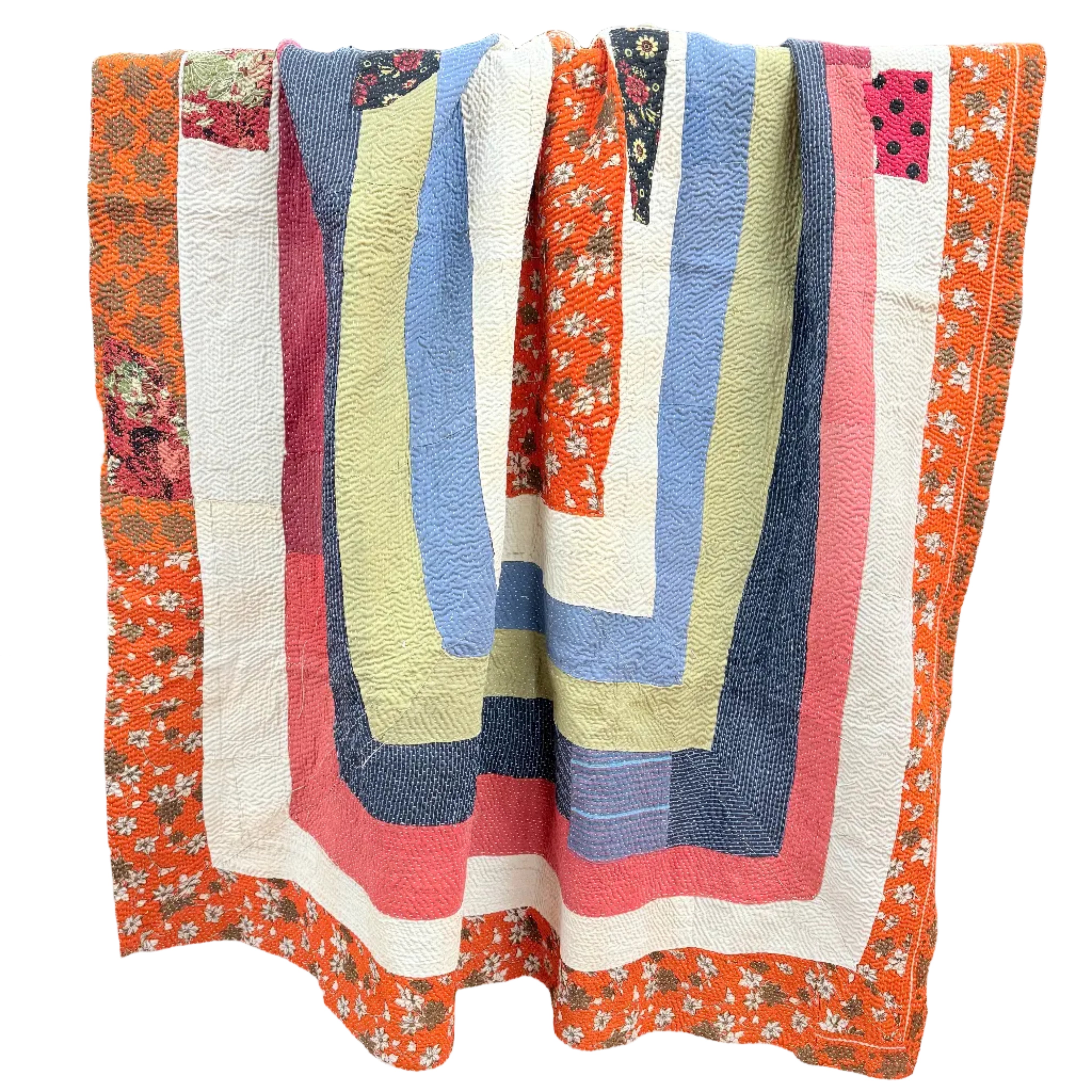 Handmade Orange Kantha Patchwork Quilt India