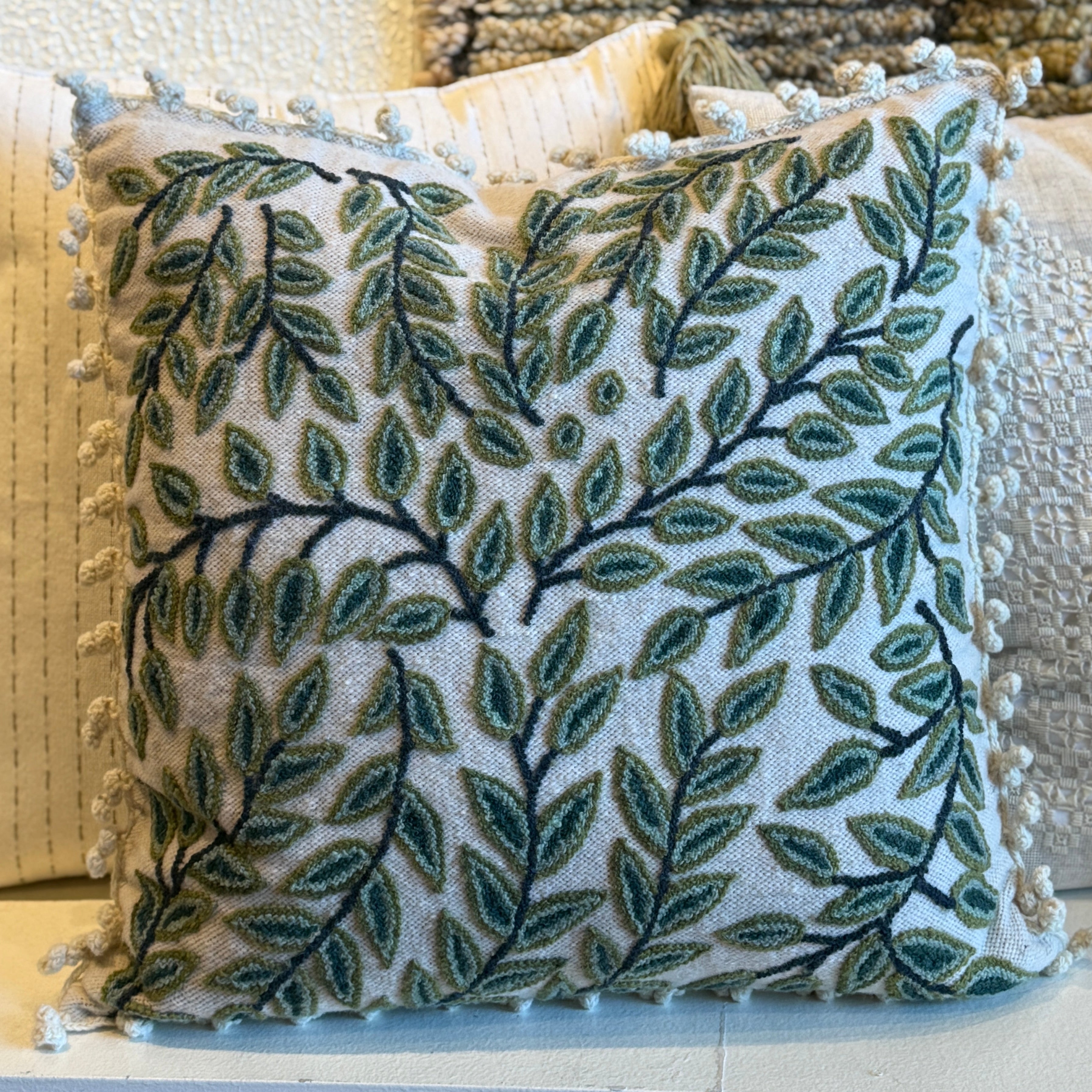 Embroidered Mint Wool Pillow Peru (18x18)
