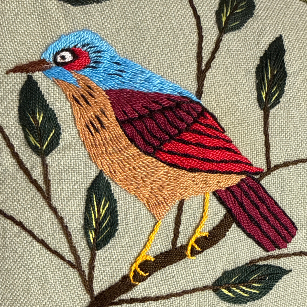 Embroidered Sage Bird Pillow Guatemala (18 x 18)