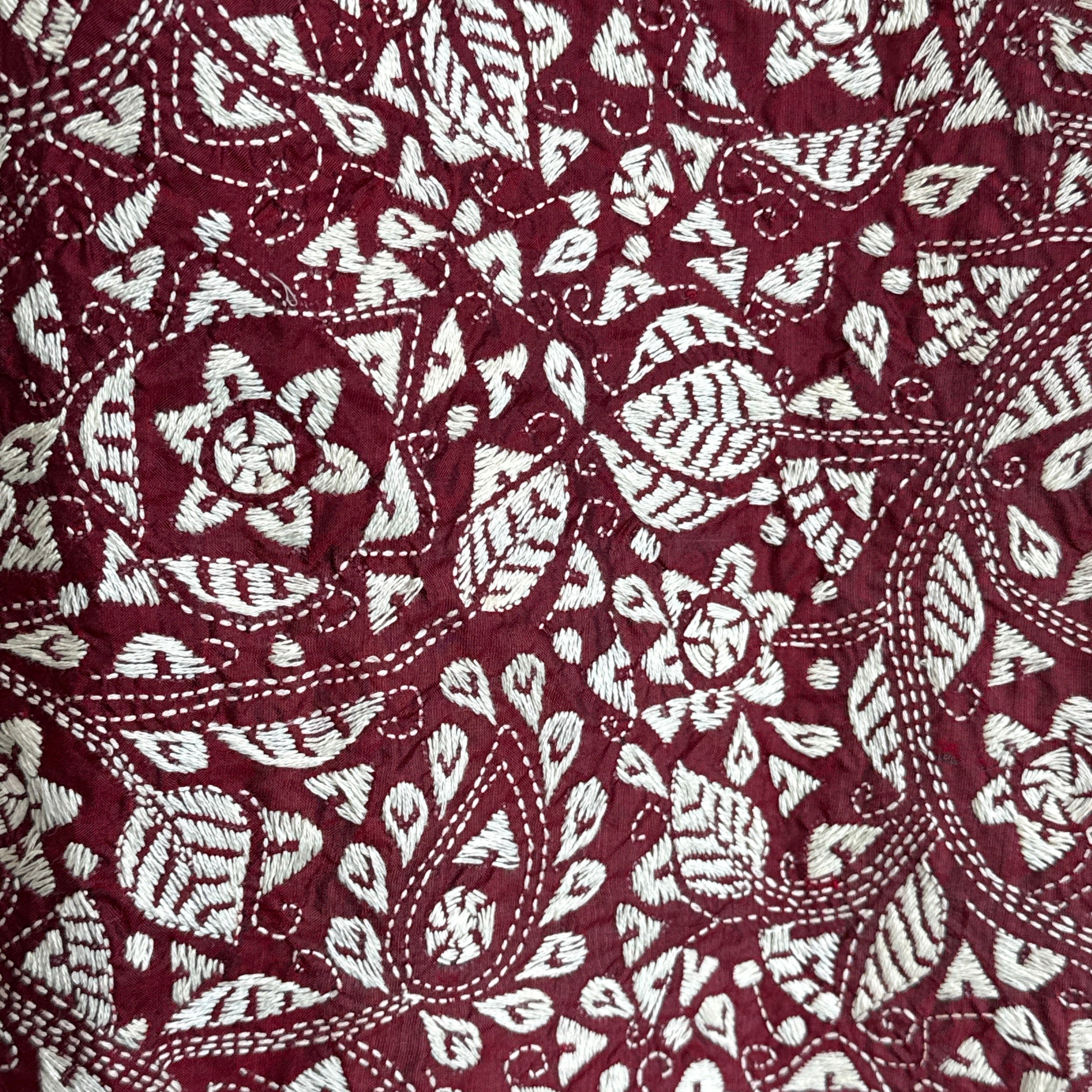 Hand Embroidered Wine Kantha Silk Scarf India