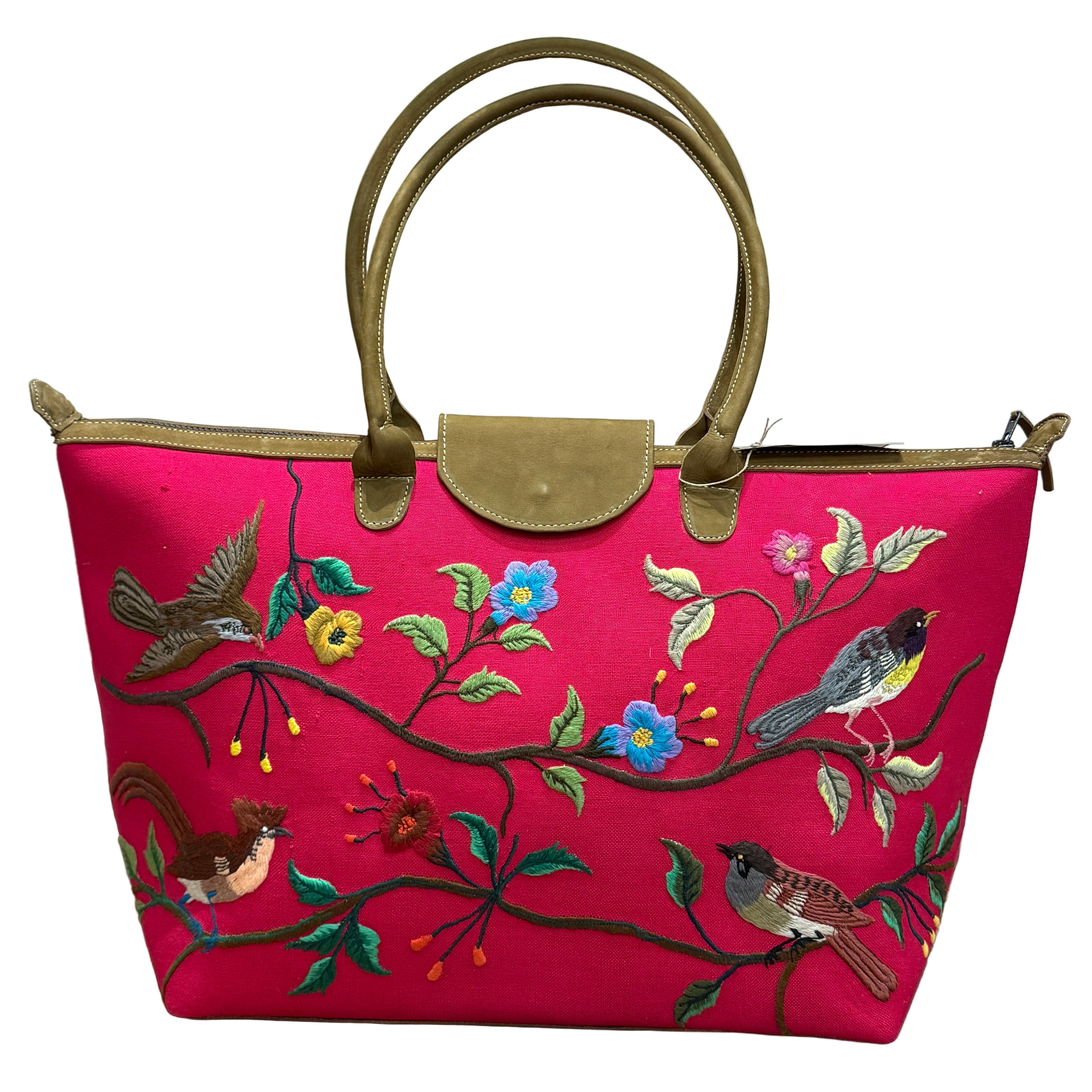 Handwoven Embroidered Raspberry with Leather Santiago Satchel Guatemala