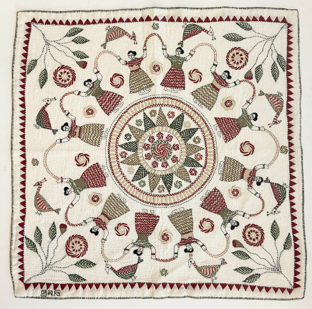 West Bengal Replica Embroidered Kantha Wall Hanging  India (21" x 21") dark sand, sage, evergreen, light tan, dusty rose, burgundy-brick red