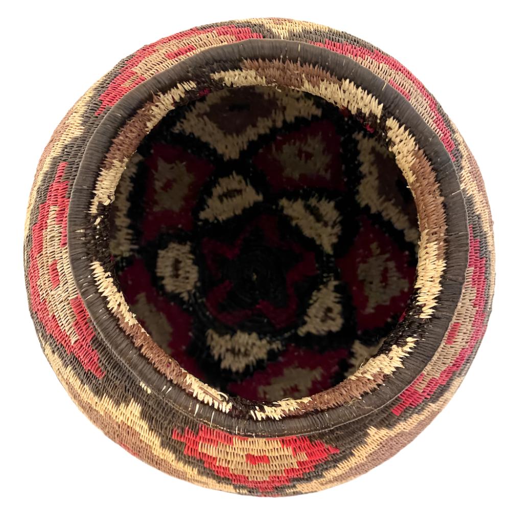 top view Handmade Natural Fiber Wounaan Basket Diamonds Panama  (5.75" tall x  6.5"wide) light tan, taupe, black, raspberry light grey
