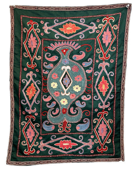 Hand Embroidered Silk Suzani Green Wall Hanging Uzbekistan