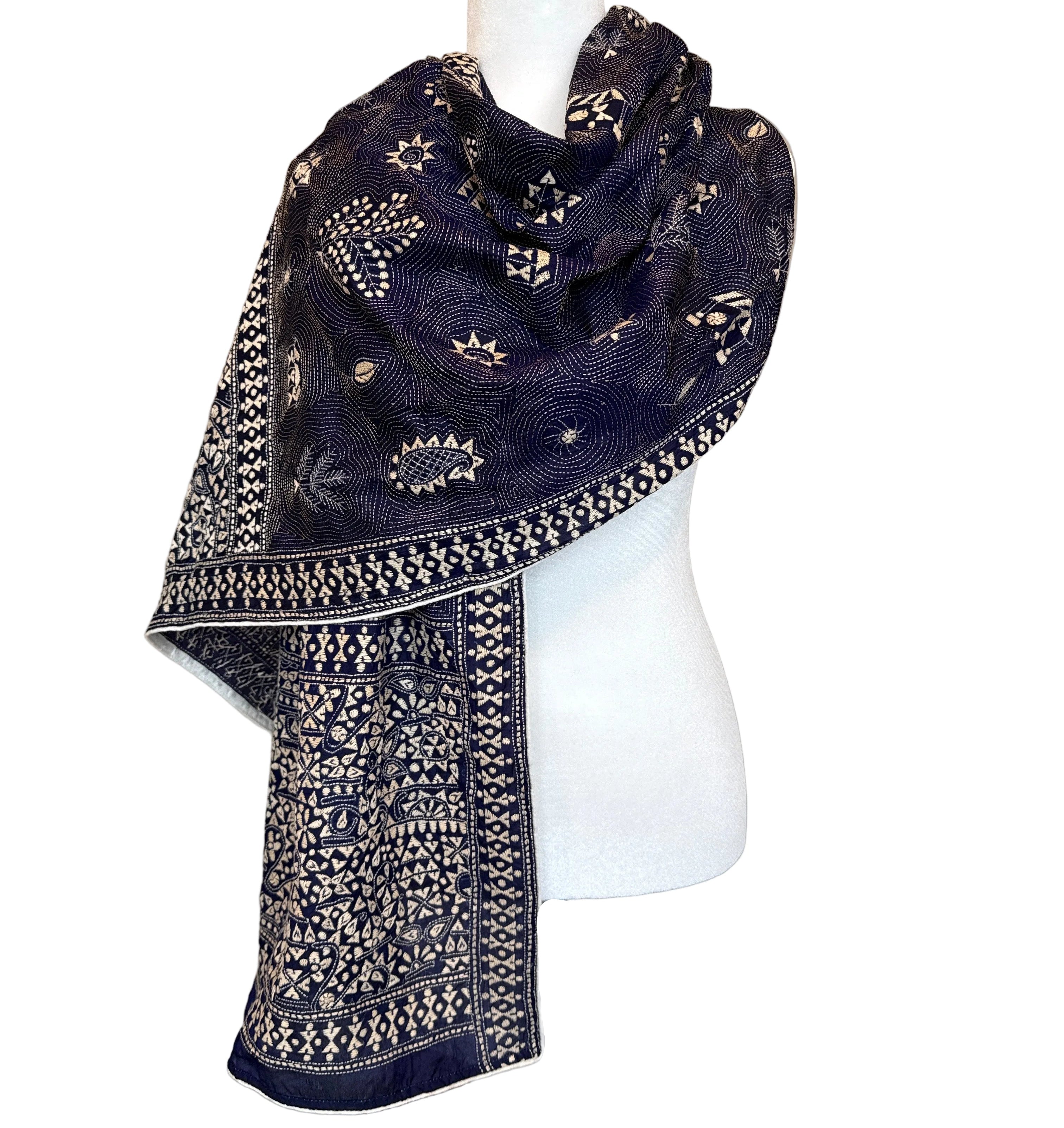 Hand Embroidered Maoon Kantha Silk Scarf India