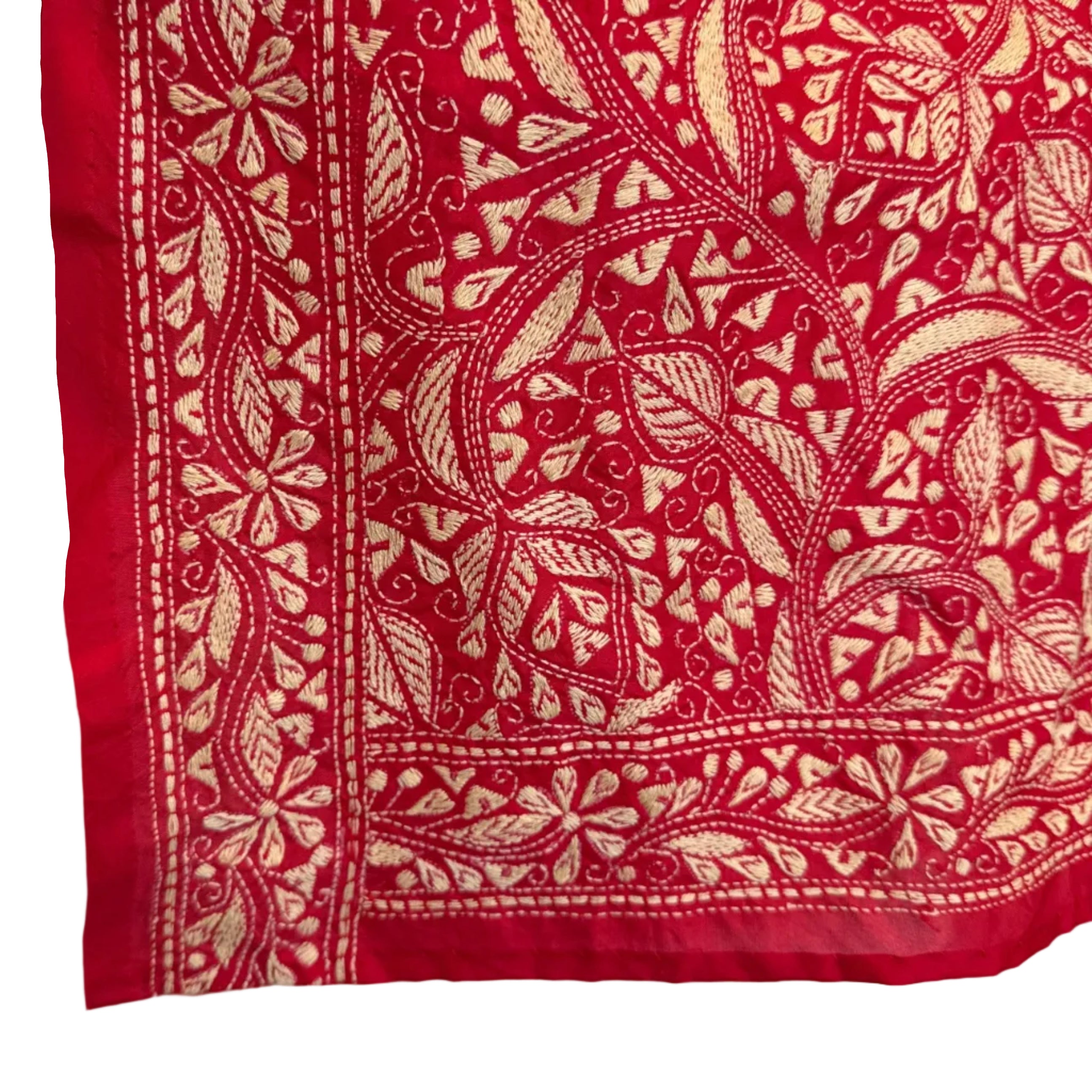 Hand Embroidered Red Kantha Silk Scarf India