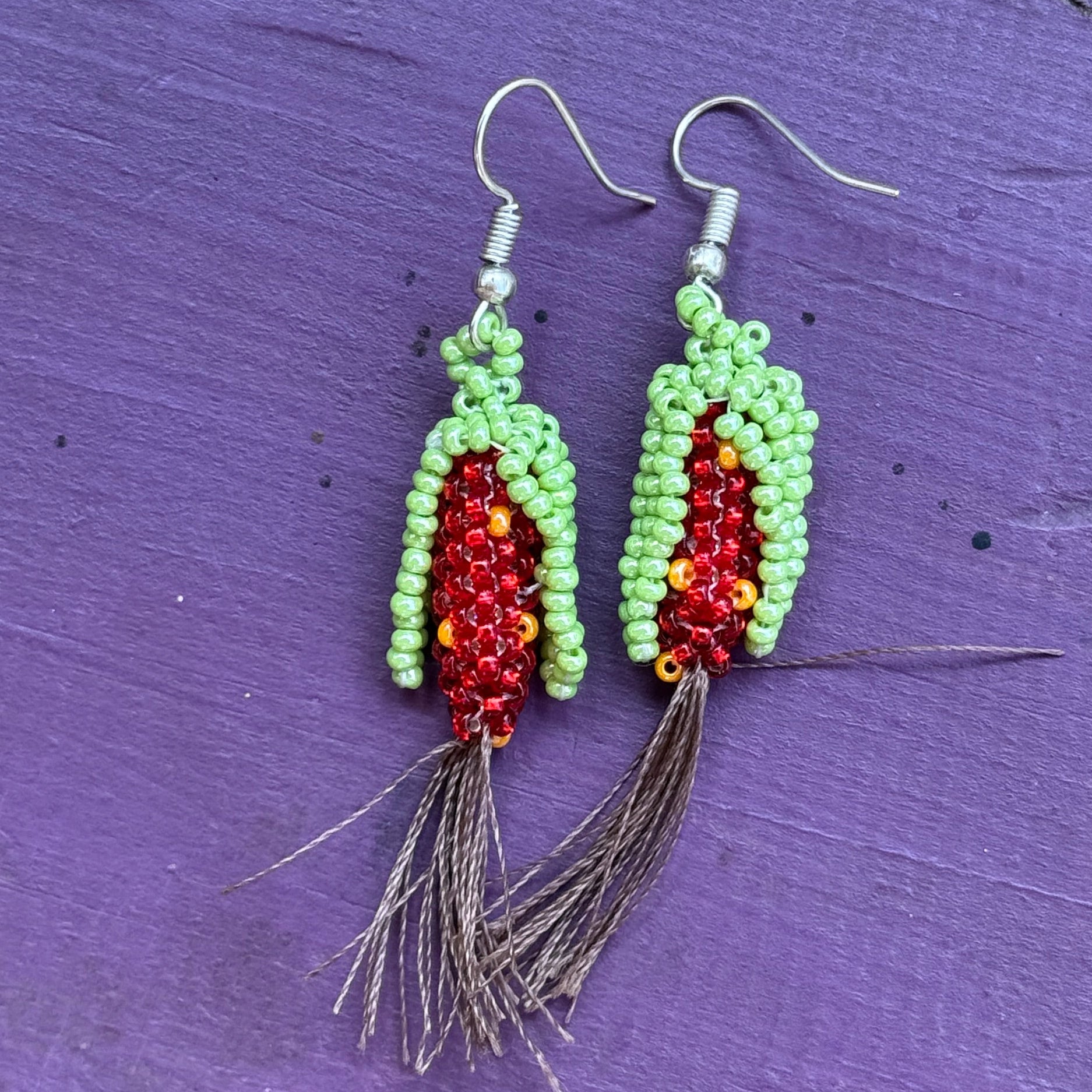 Handmade Beaded Red Corn Earrings Guatemala