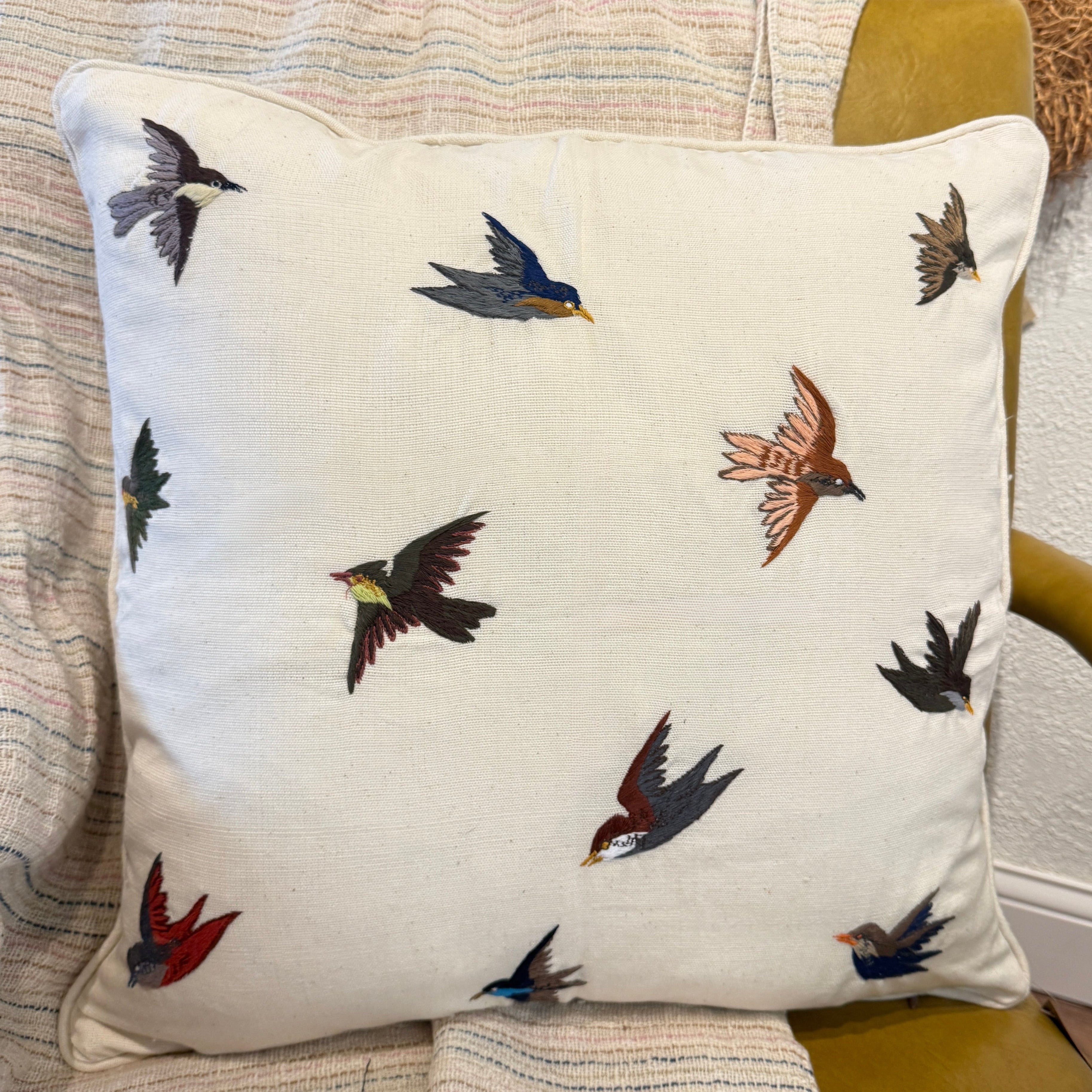 Embroidered Natural Flying Bird Pillow Guatemala