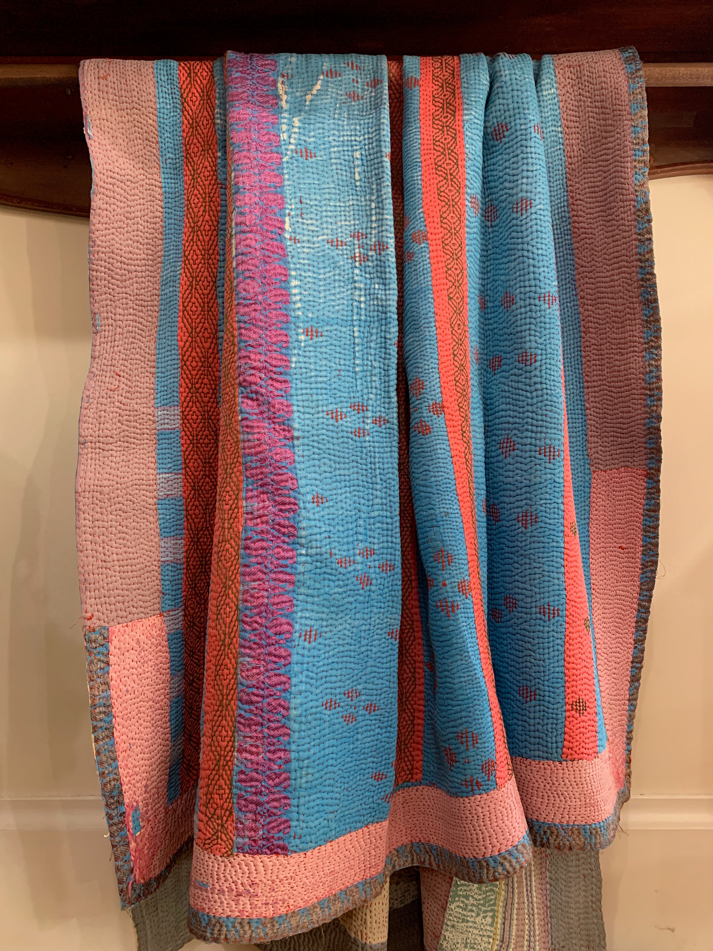 Handmade Kantha Red Lines Patchwork Quilt India