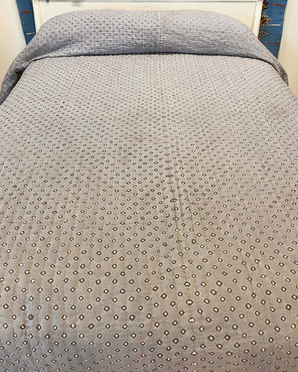 Hand Dyed Bandhani Tie Dyed Cotton Bed Spread Coverlet India Colors:  soft medium grey with white dots. 