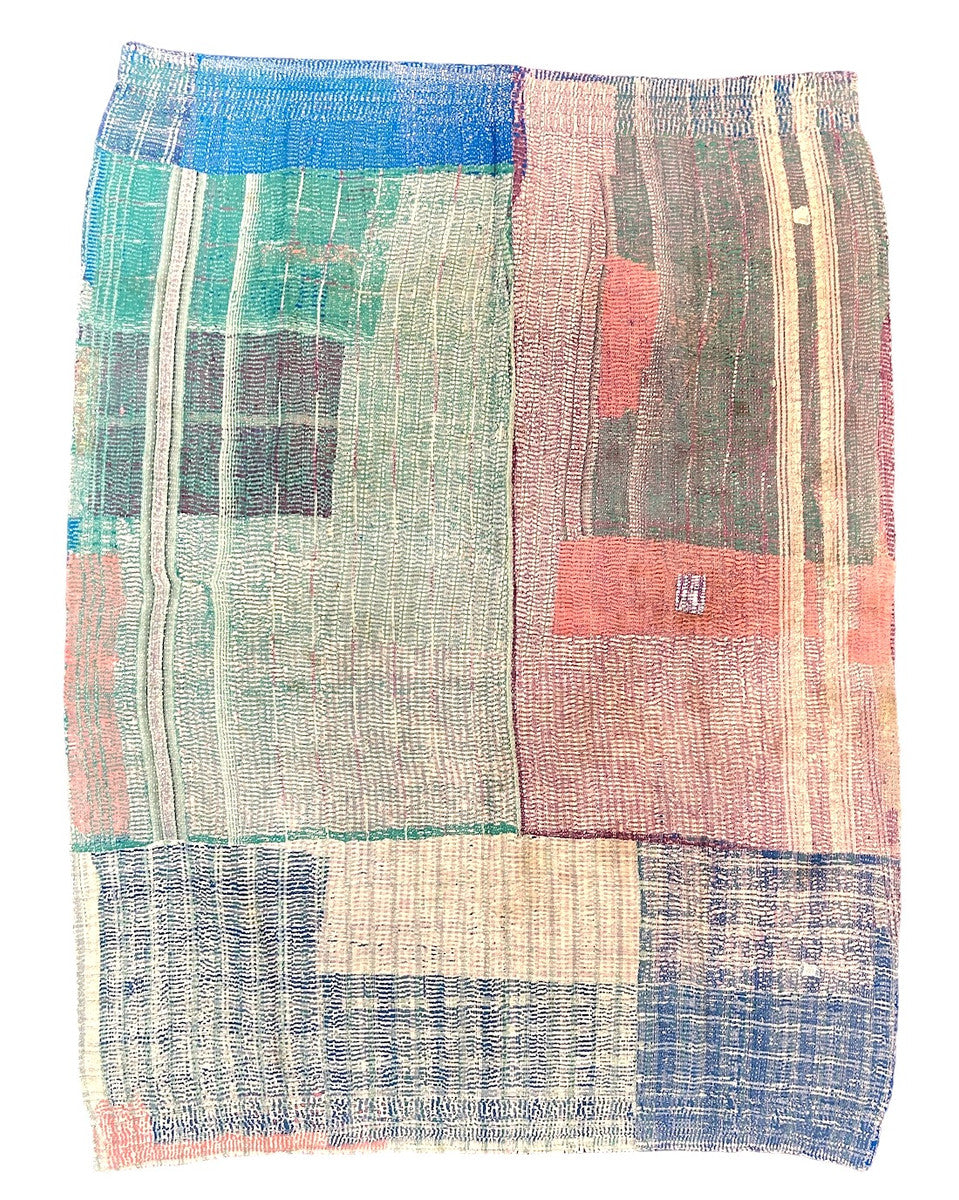 Side A Handmade Quilt Kantha Patchwork O India. 53" x 72" side B Side B: muted tones of royal blue, faded lavender, teal green. rose pink, plum and others.