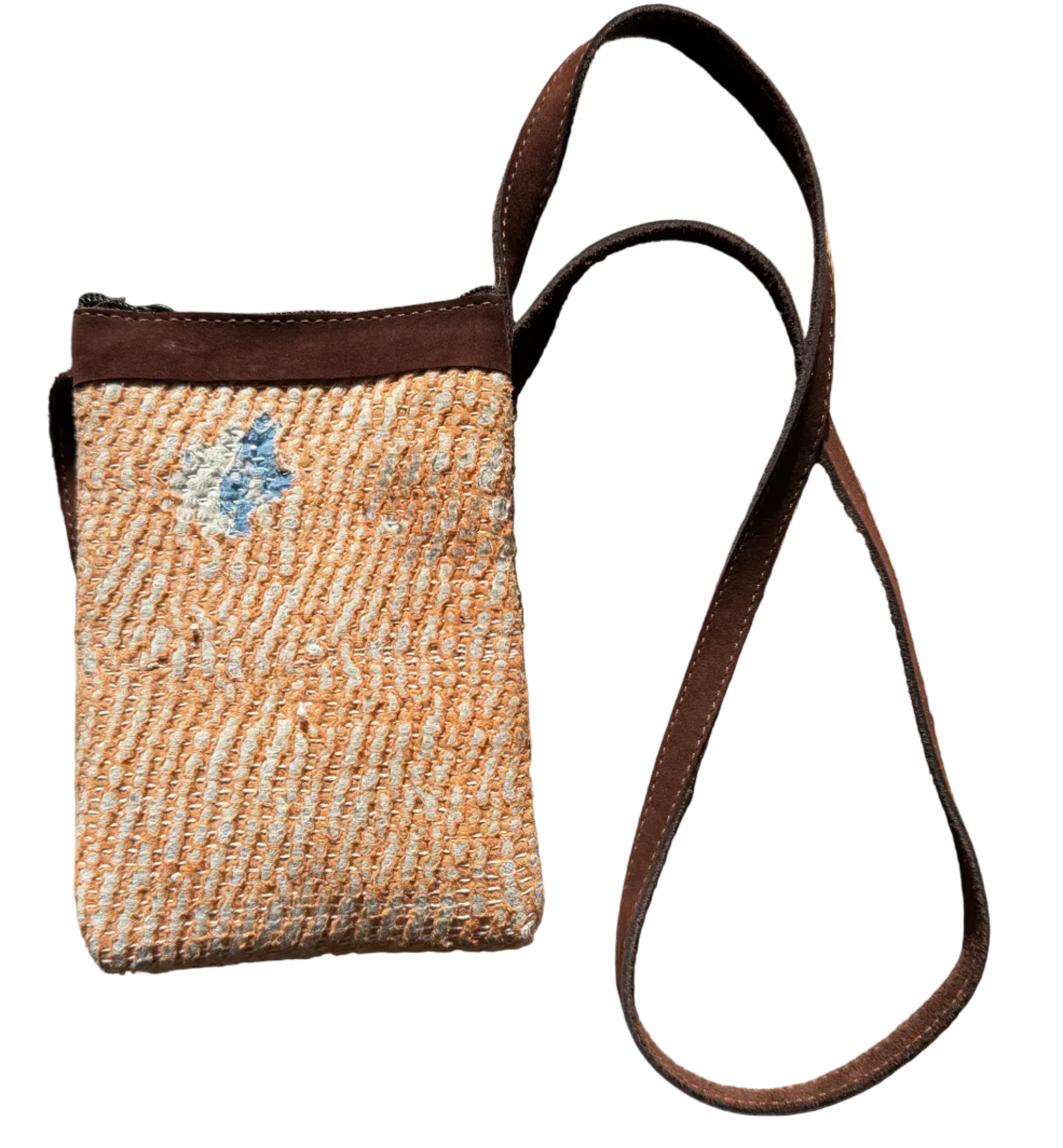 Cross Shoulder Orange Zipper Pouch Kantha and Suede