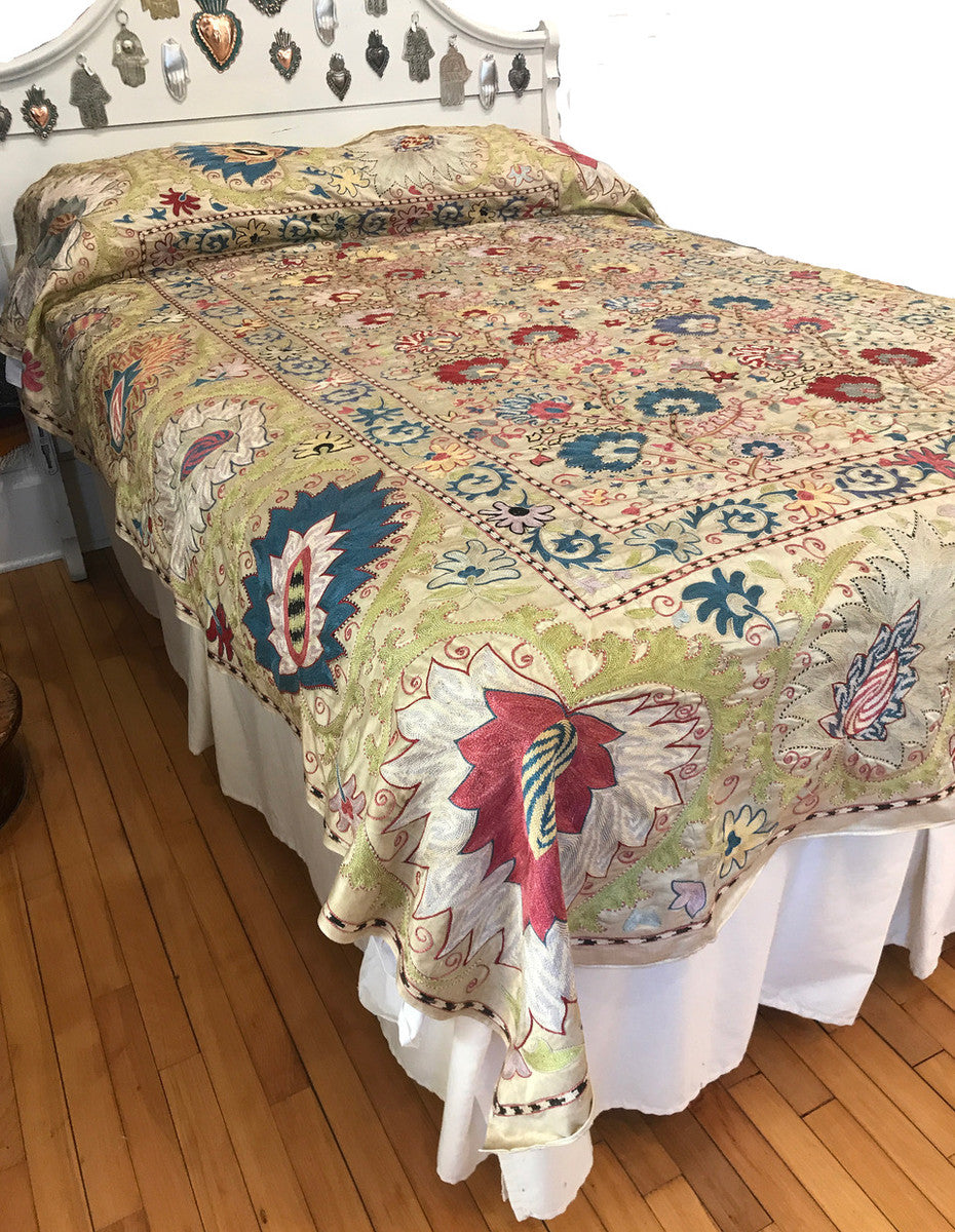 Hand Embroidered Silk Suzani single or full Coverlet Uzbekistan Colors; ground cloth in old gold, embroidery colors golden spring green, prussian blue, robins egg blue, chalky brick red, rich red, silver sand and more
 