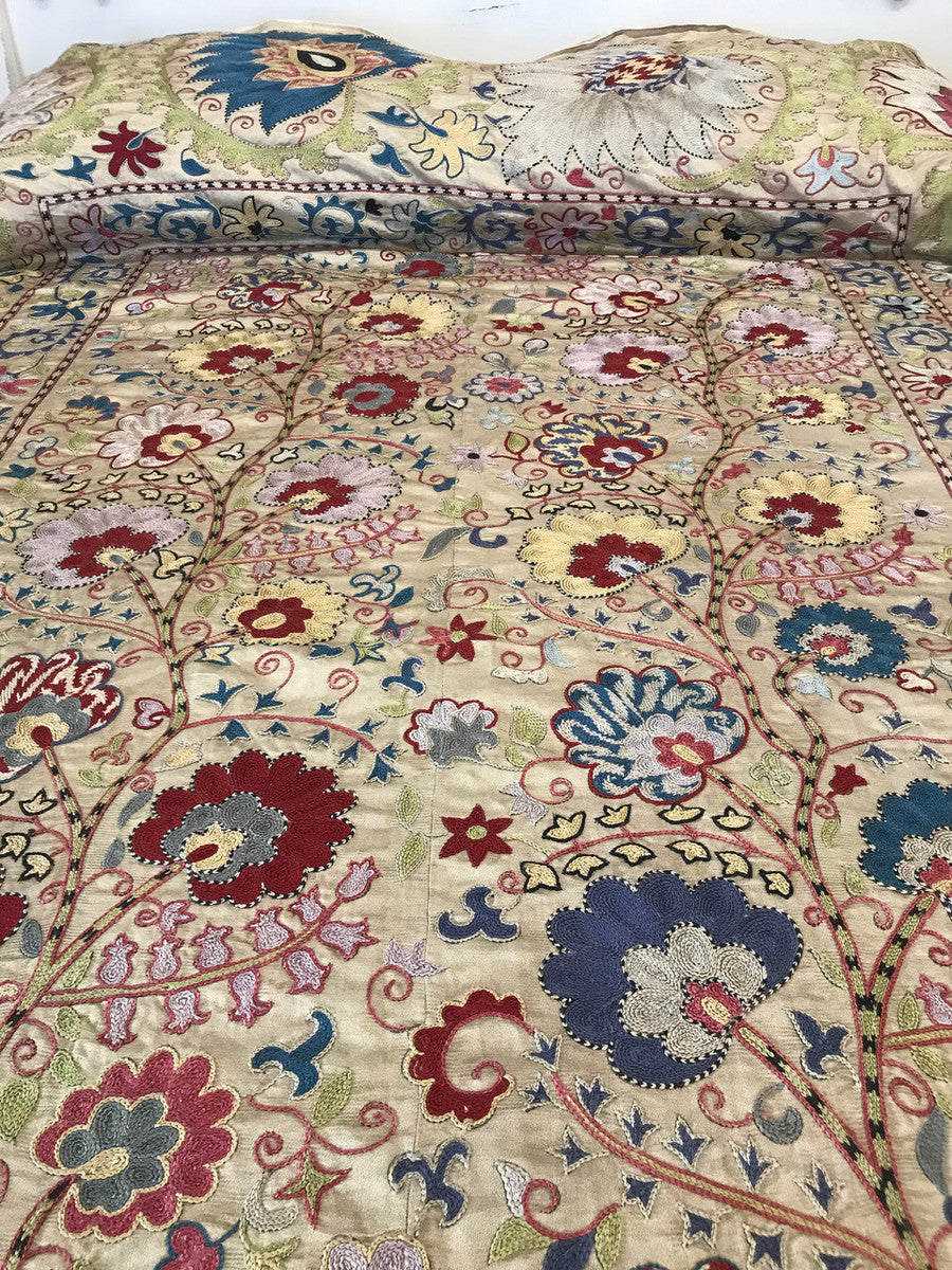 Hand Embroidered Silk Suzani Coverlet Full or Single Size Uzbekistan