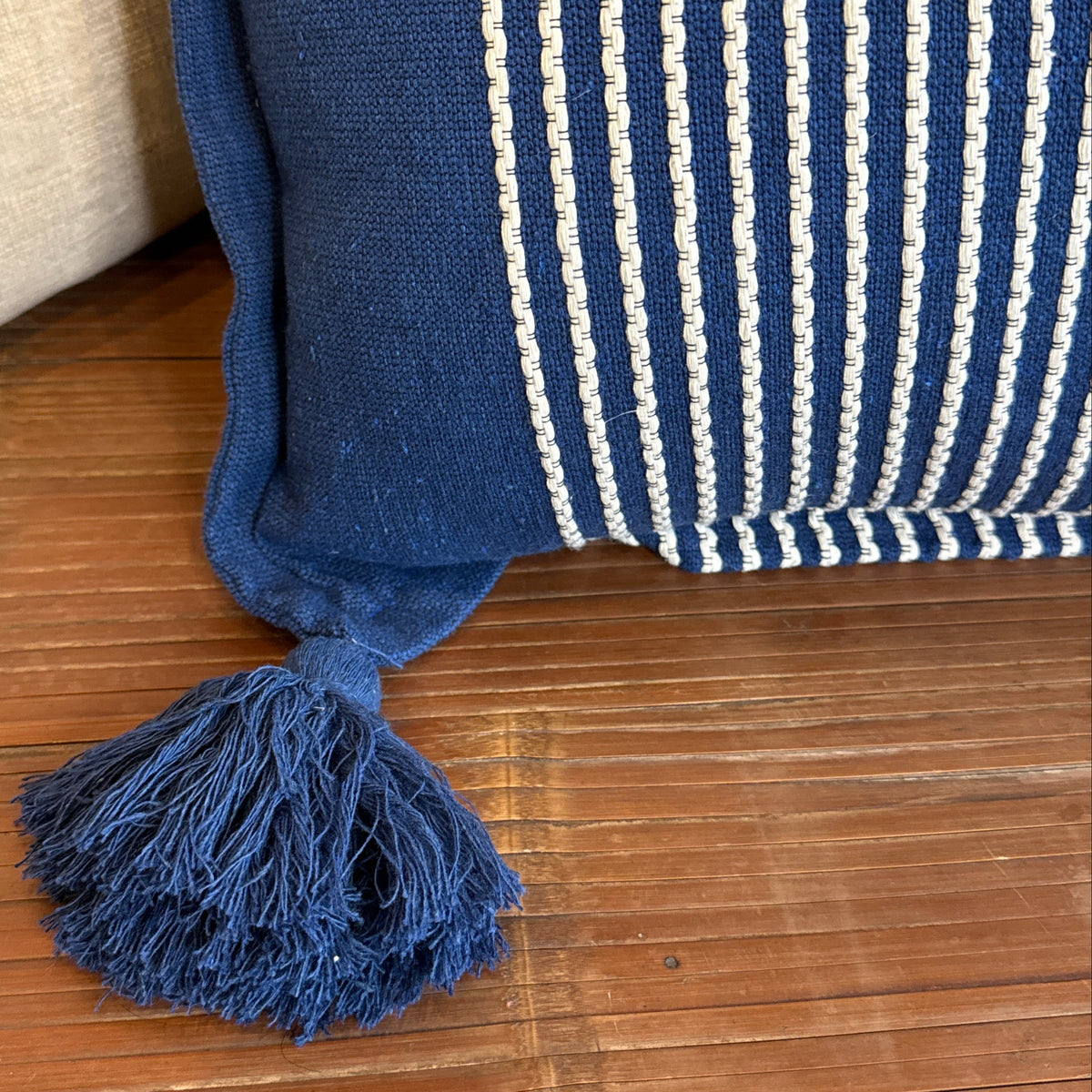 Handwoven Cotton Navy Pillow with Pompoms Mexico