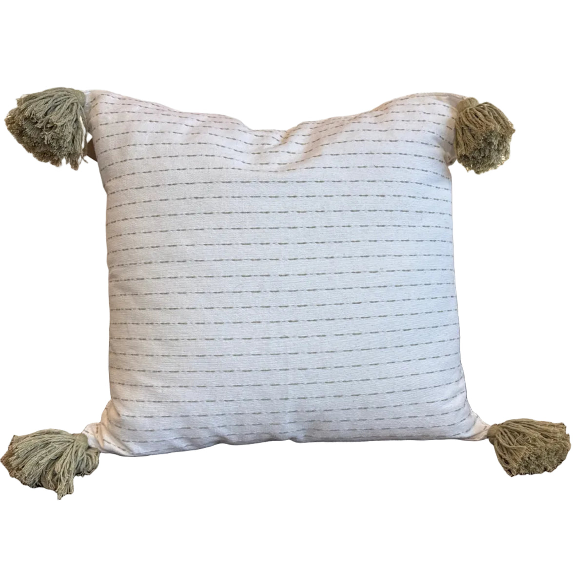 Handwoven Cotton Sage Pillow with Pompoms Mexico