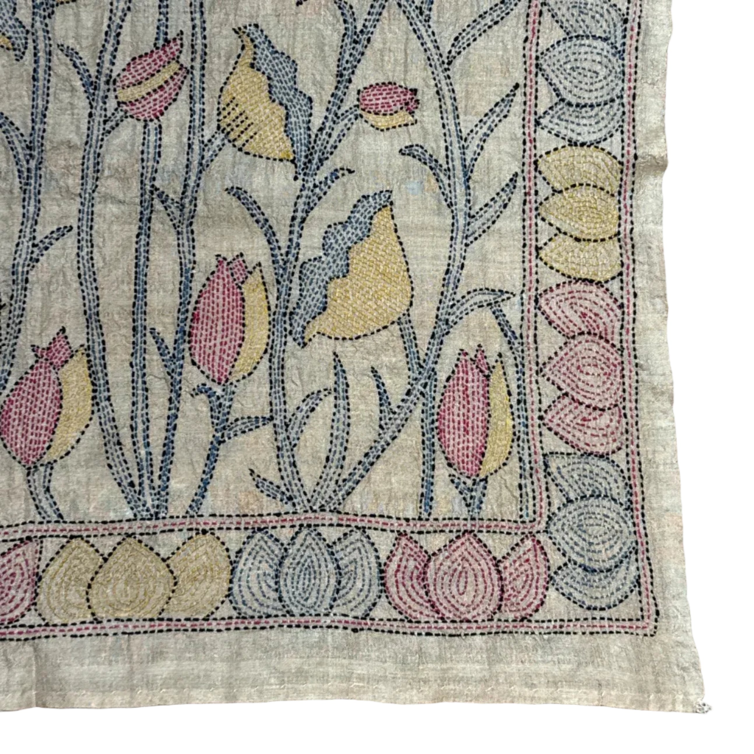 Hand Embroidered Tulip Kantha Silk Scarf India